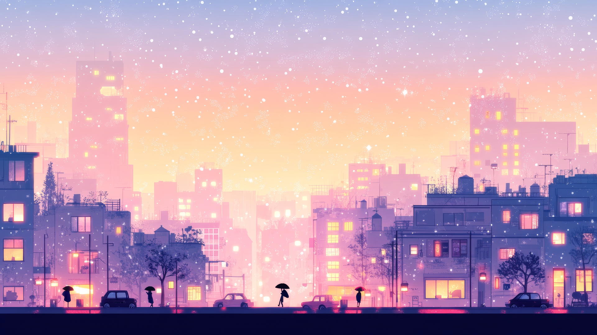 Cute aesthetic wallpapers depicting a pastel cityscape at dusk with glowing windows and tiny cars.