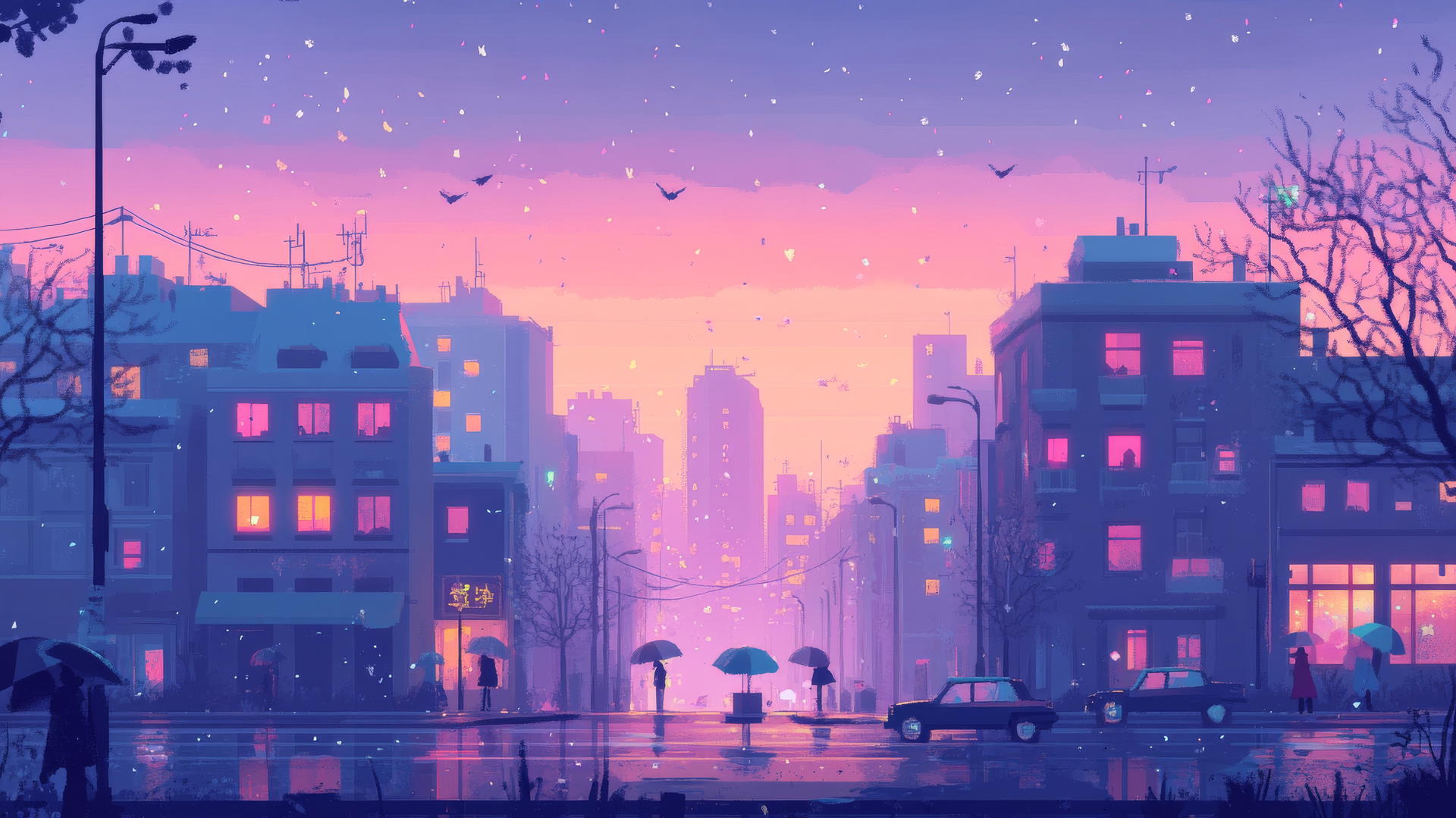 A cute pastel cityscape at dusk with softly glowing windows, tiny cars, and umbrellas, cute aesthetic wallpapers