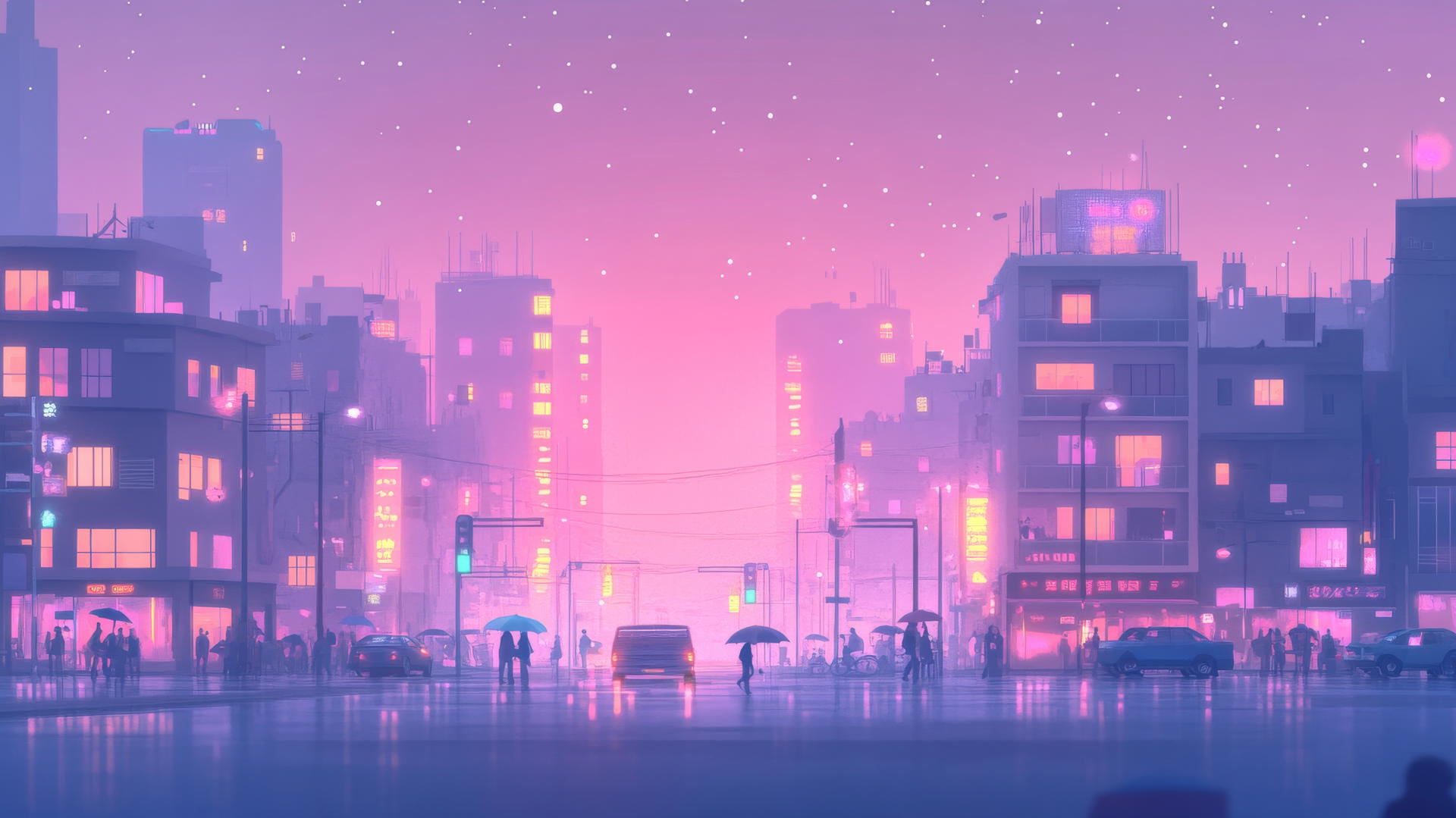 cute aesthetic wallpapers, pastel cityscape at dusk with glowing windows, tiny cars, and umbrellas