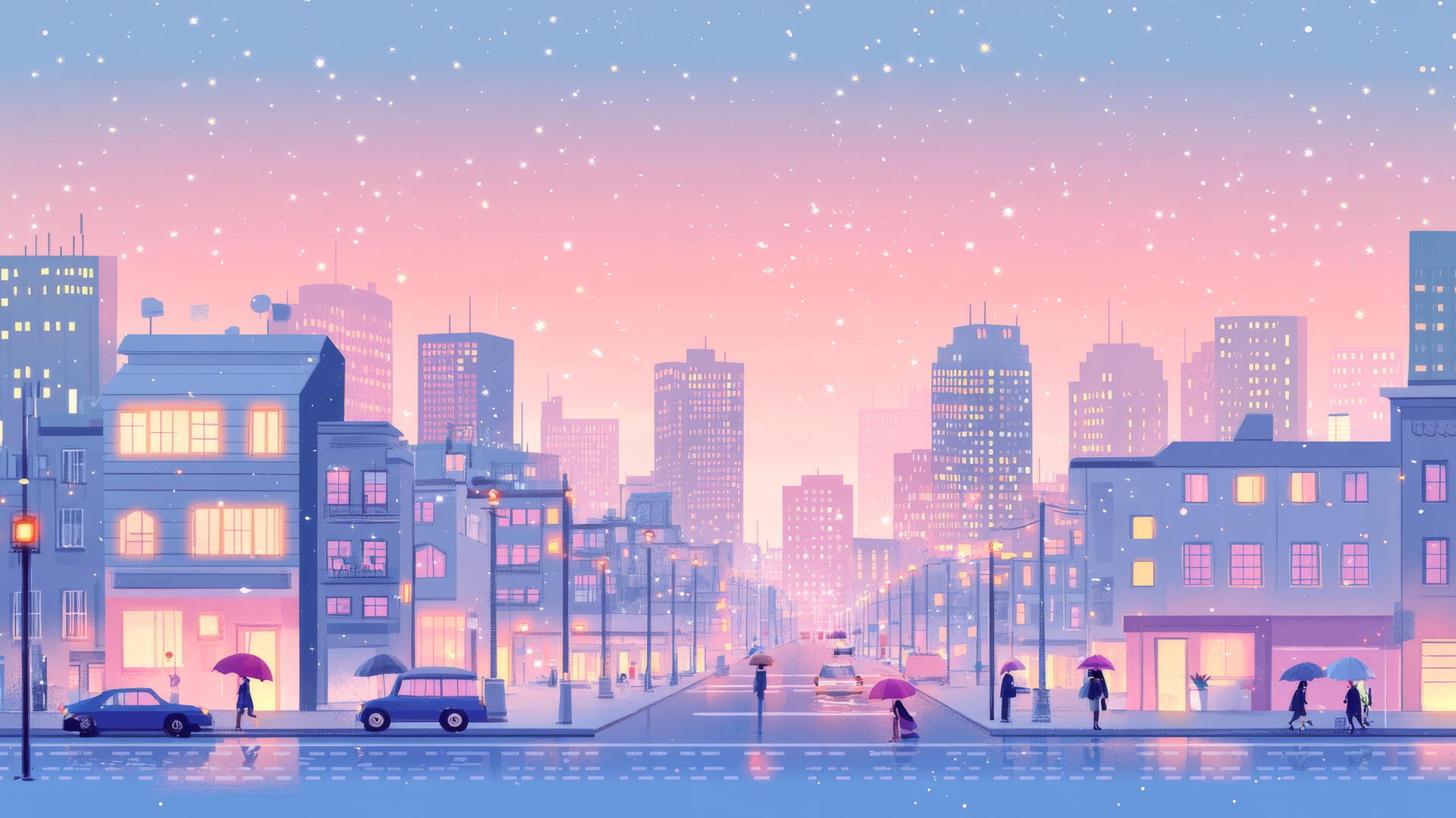 cute aesthetic wallpapers: cute pastel cityscape at dusk with glowing windows and umbrellas