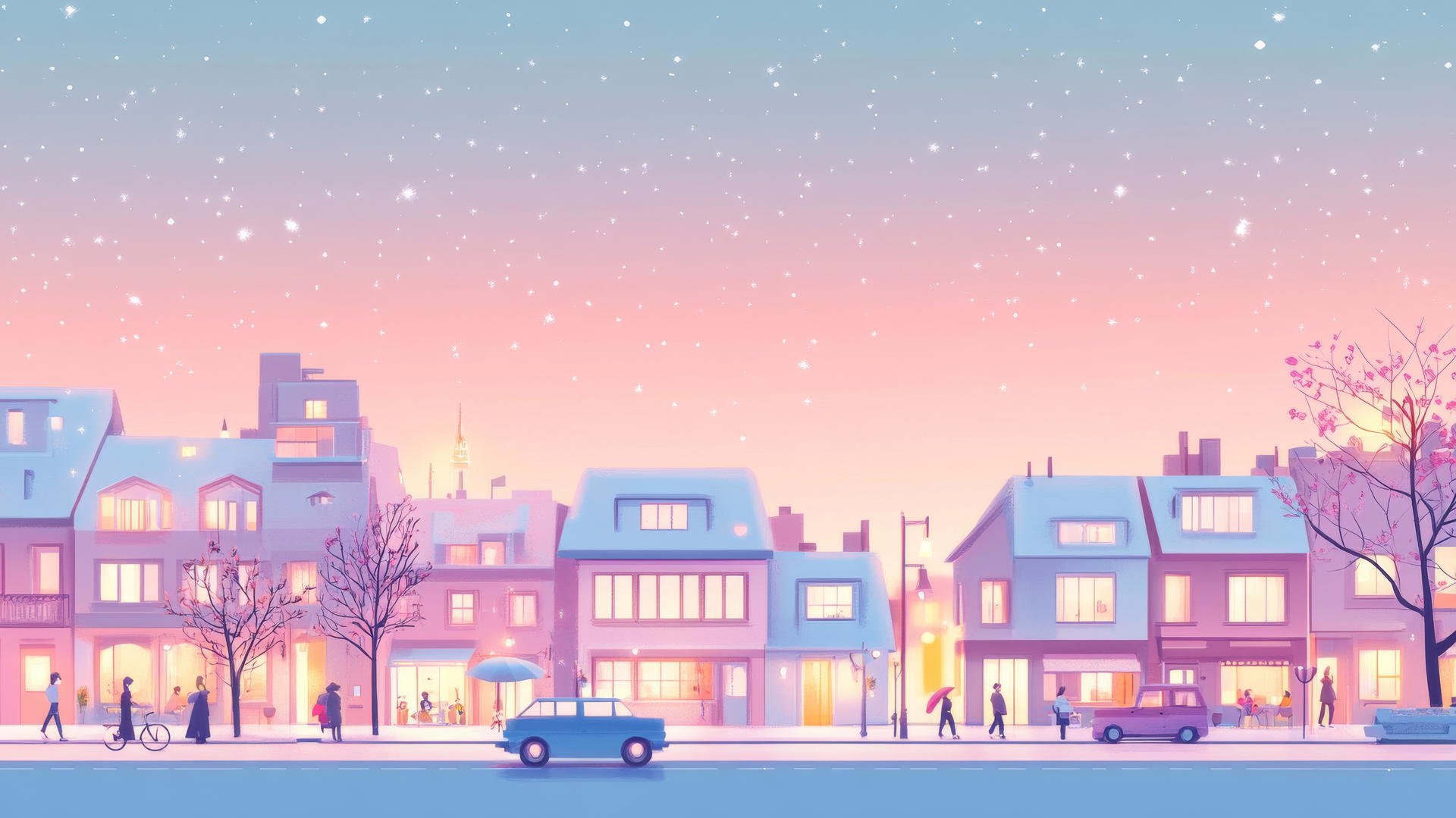 Cute aesthetic wallpapers cityscape at dusk with glowing windows and umbrellas