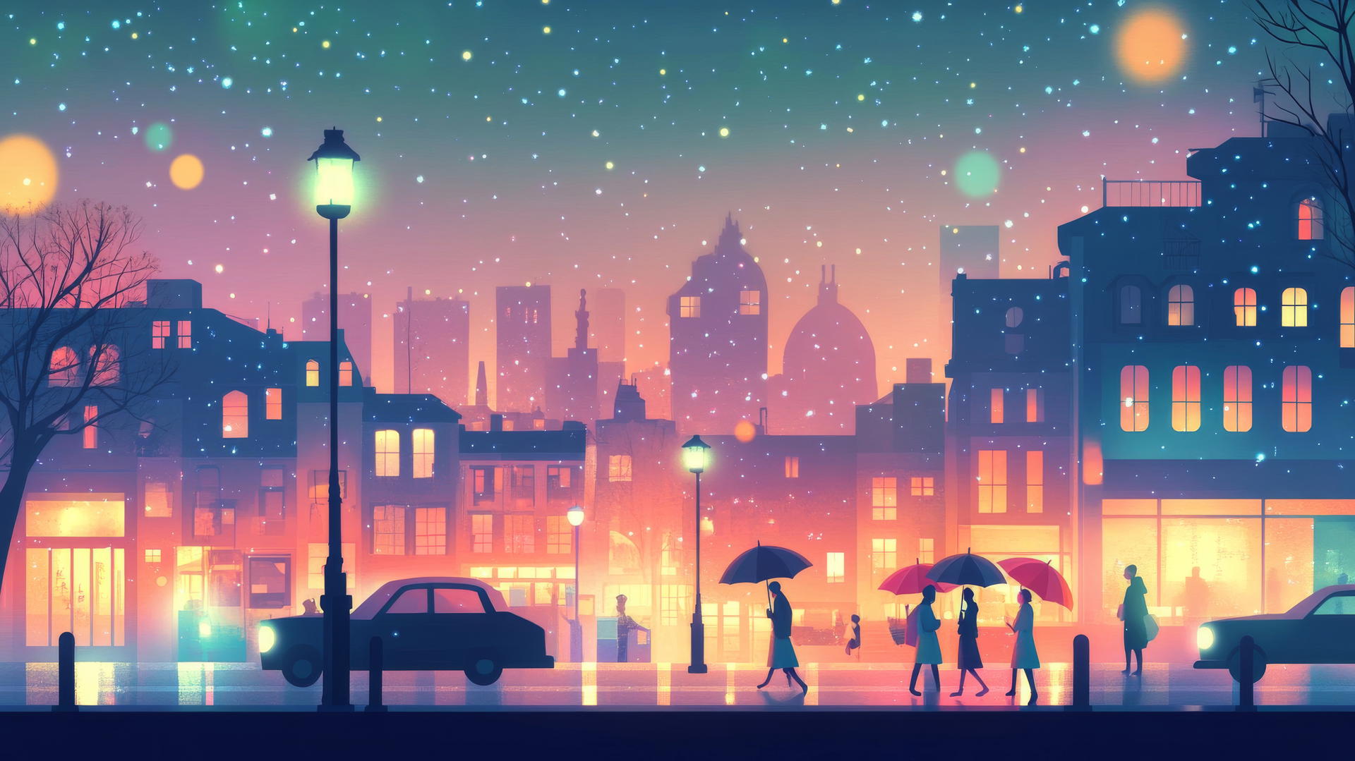 Cute pastel cityscape at dusk with glowing windows and tiny cars