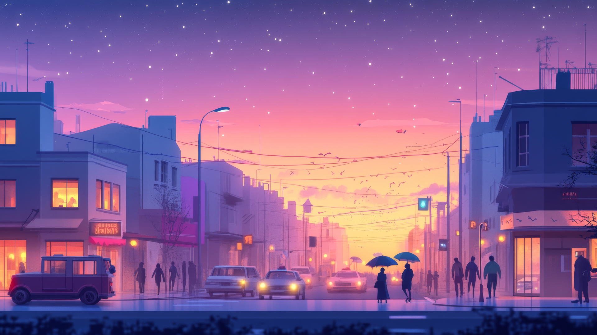 Cute aesthetic wallpapers with pastel cityscape at dusk, glowing windows, tiny cars, people with umbrellas.
