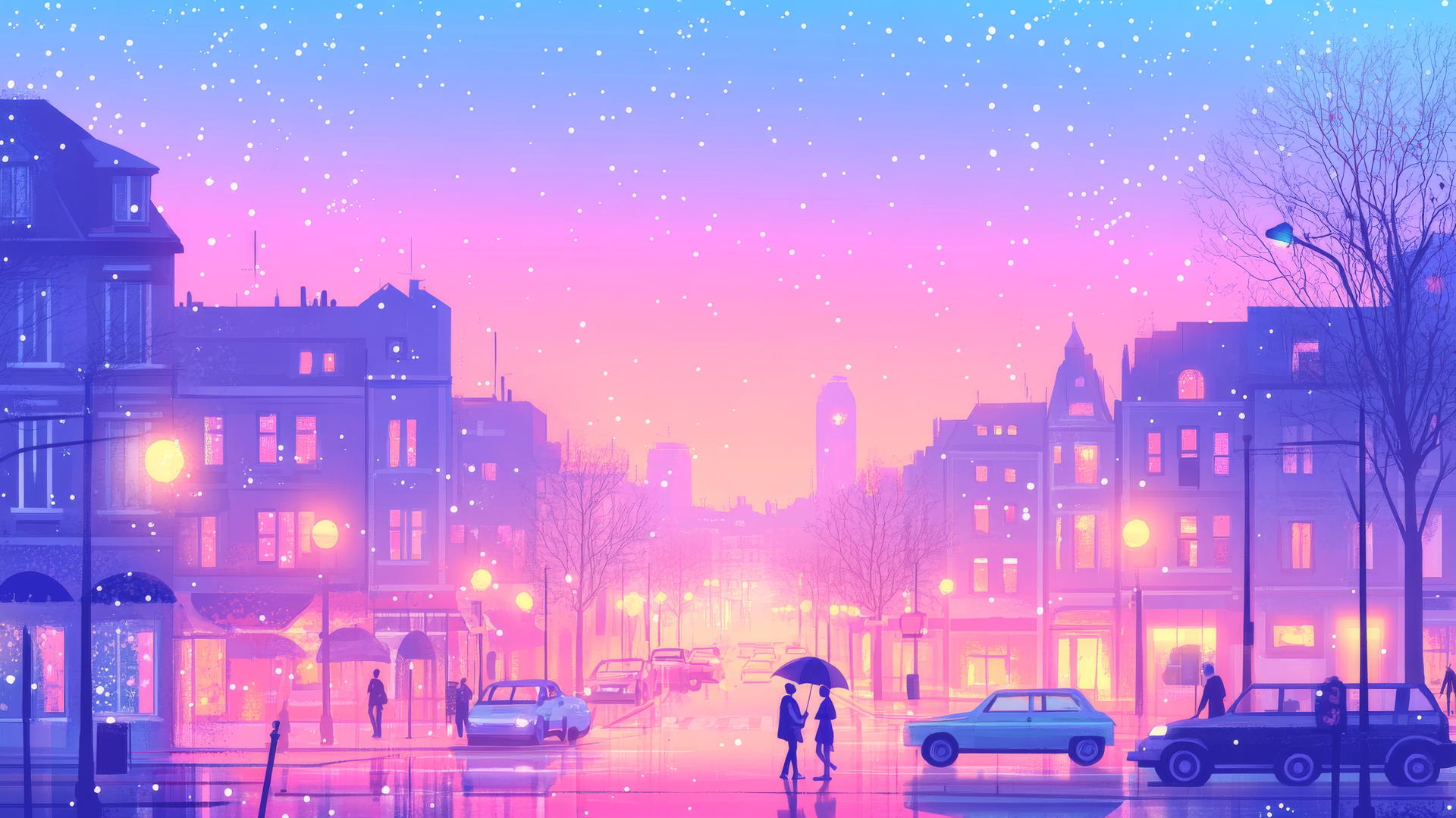 cute aesthetic wallpapers of a pastel cityscape at dusk with glowing windows and umbrellas