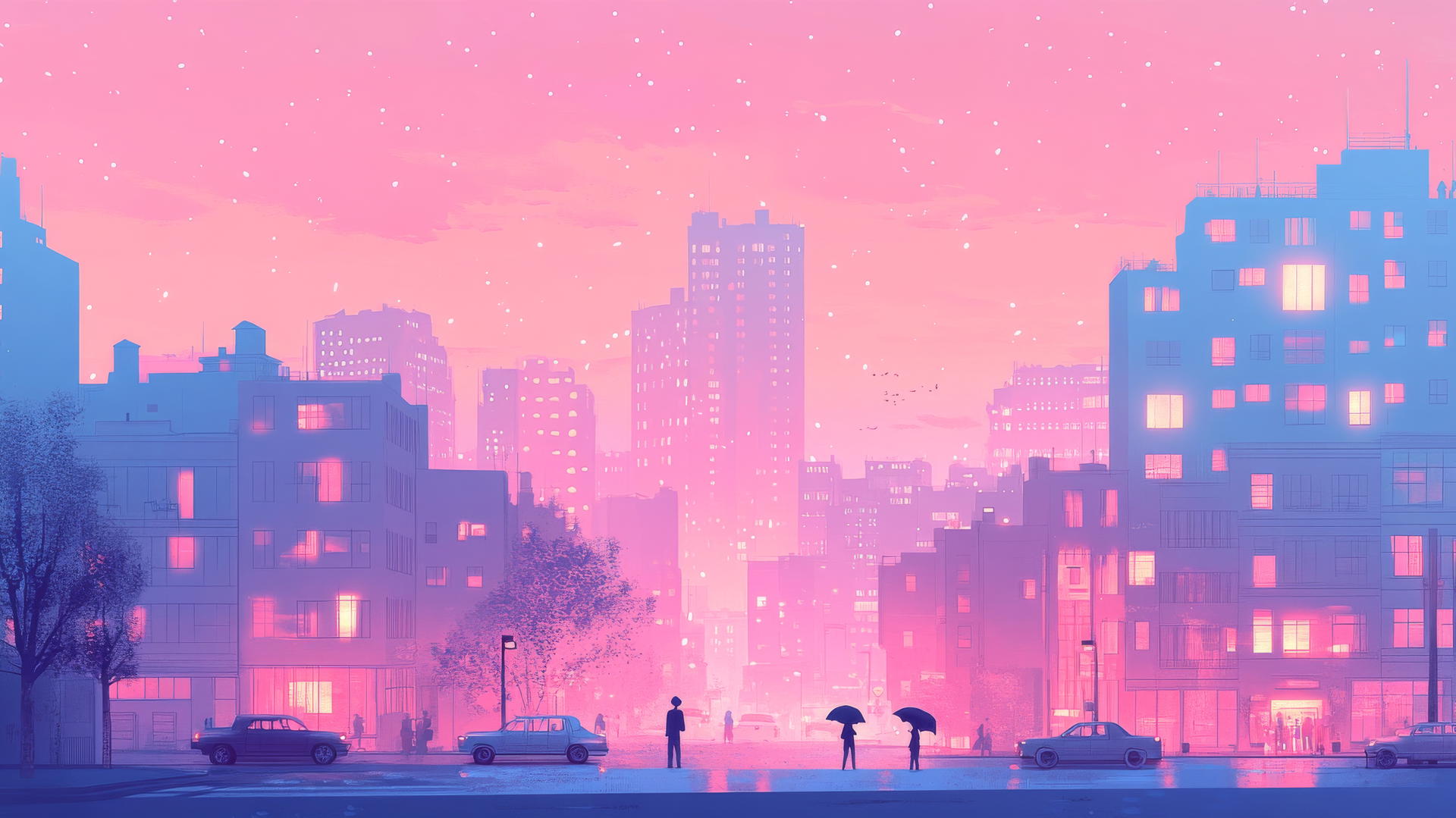 Cute aesthetic wallpapers with pastel cityscape, glowing windows, tiny cars and umbrellas at dusk