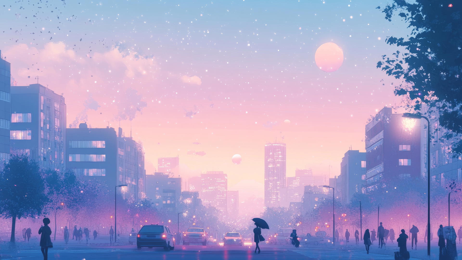 cute aesthetic wallpapers featuring a pastel cityscape at dusk with glowing windows