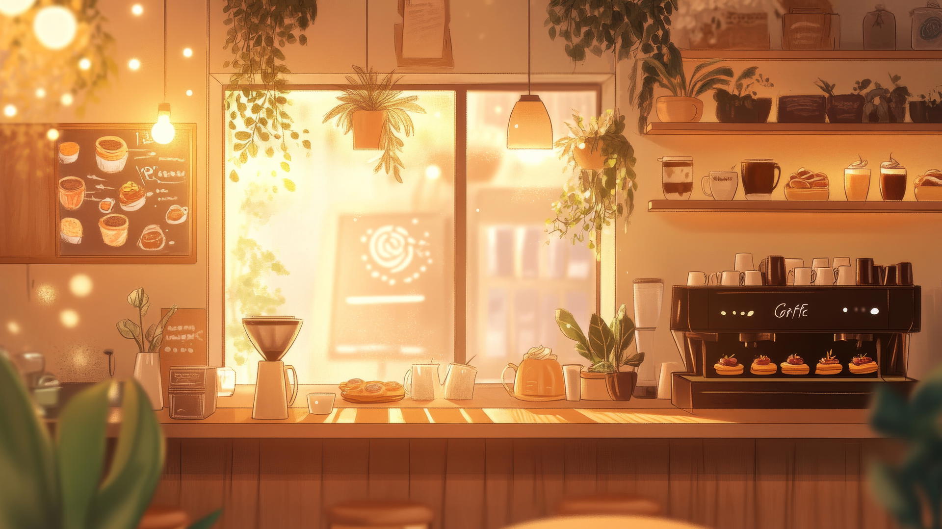 cute aesthetic wallpapers of a cozy coffee shop scene with coffee cups, pastries, and plants