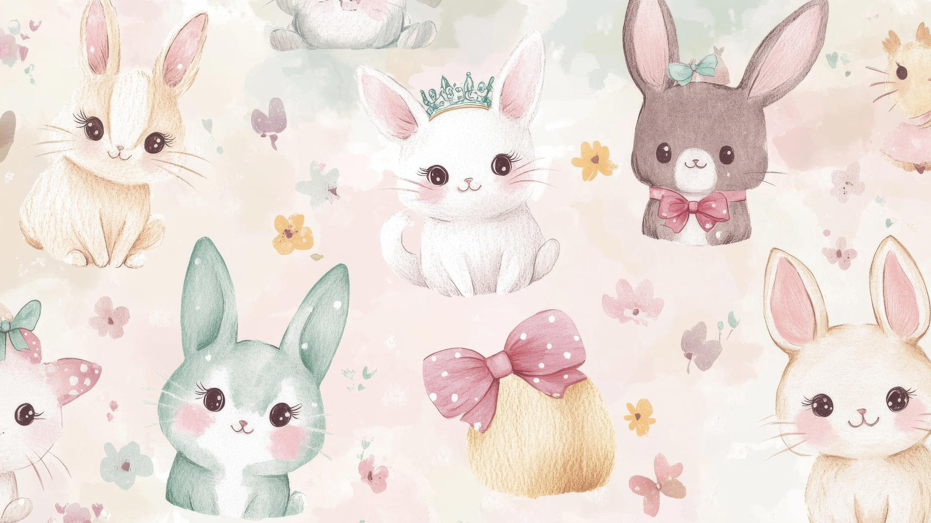 Cute wallpapers for girls with hand-drawn animals in bows and tiaras in a pastel setting