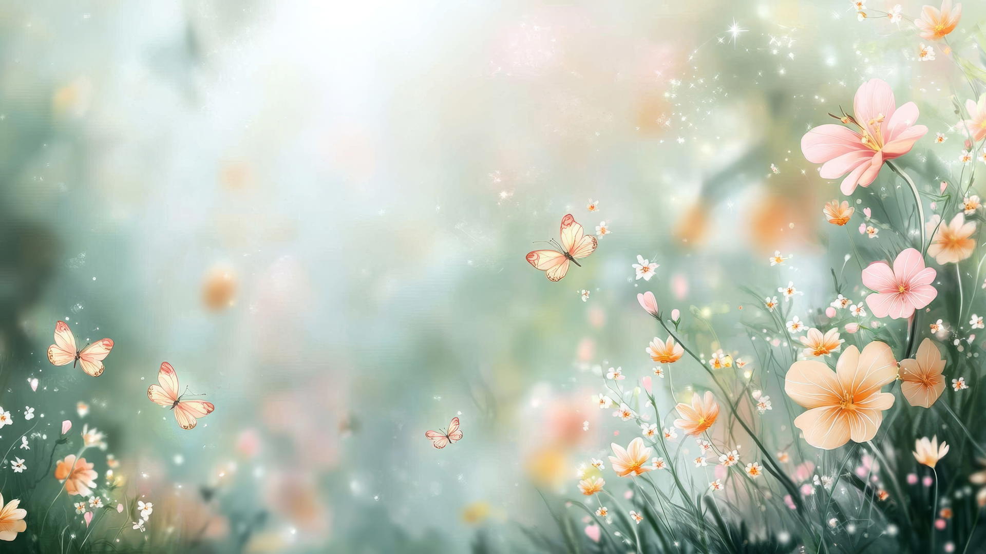 Cute wallpapers for girls with smiling flowers, butterflies, pastel background, sparkles
