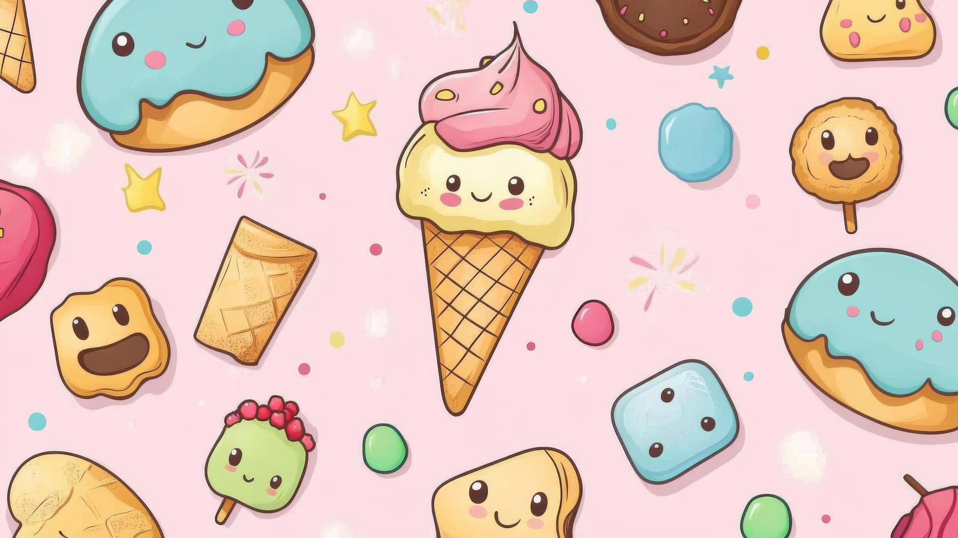 Cute wallpapers with cartoon desserts like ice cream, cookies, and candies on pastel background.