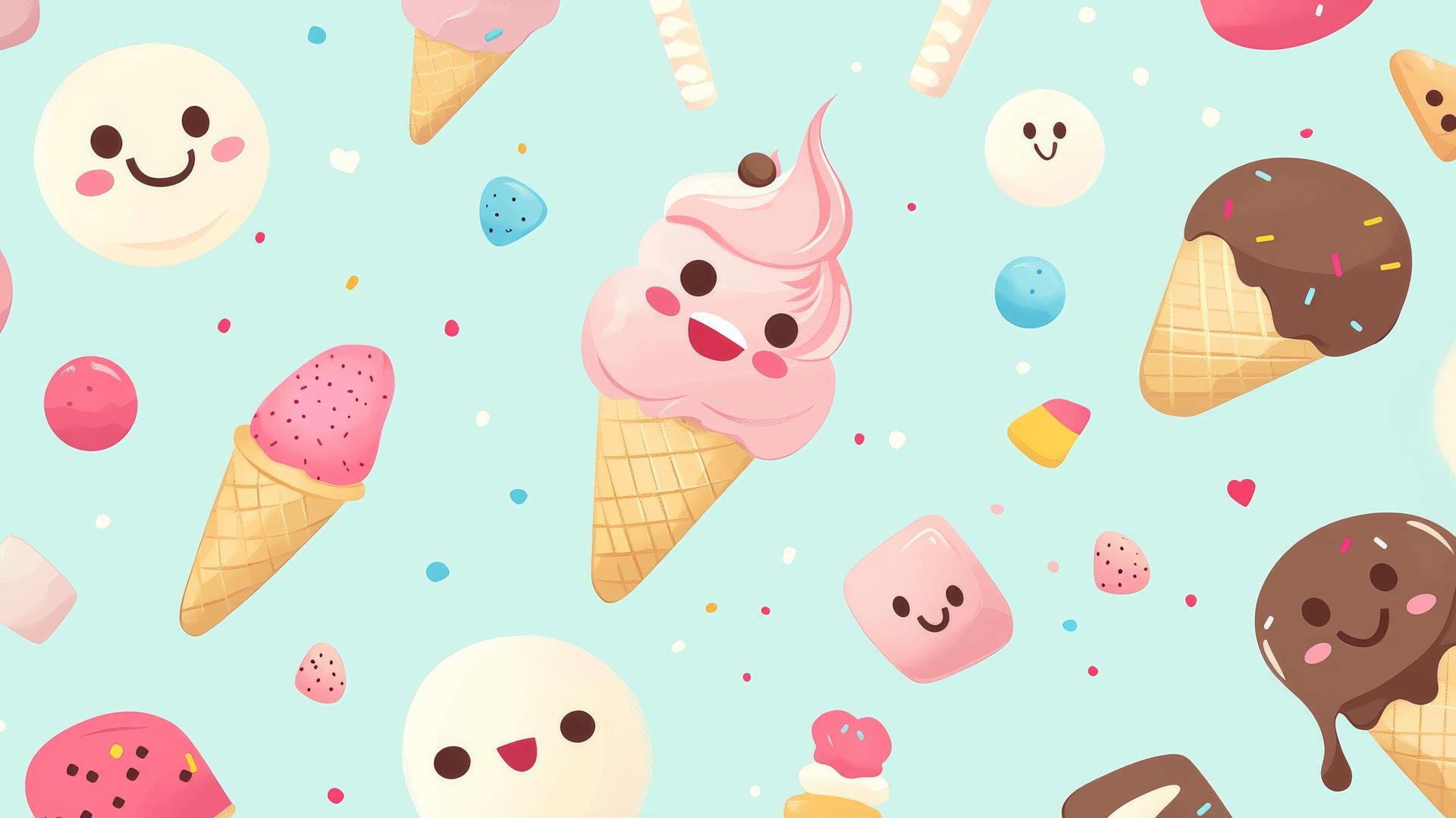 cute wallpapers with smiling cartoon desserts on a pastel background