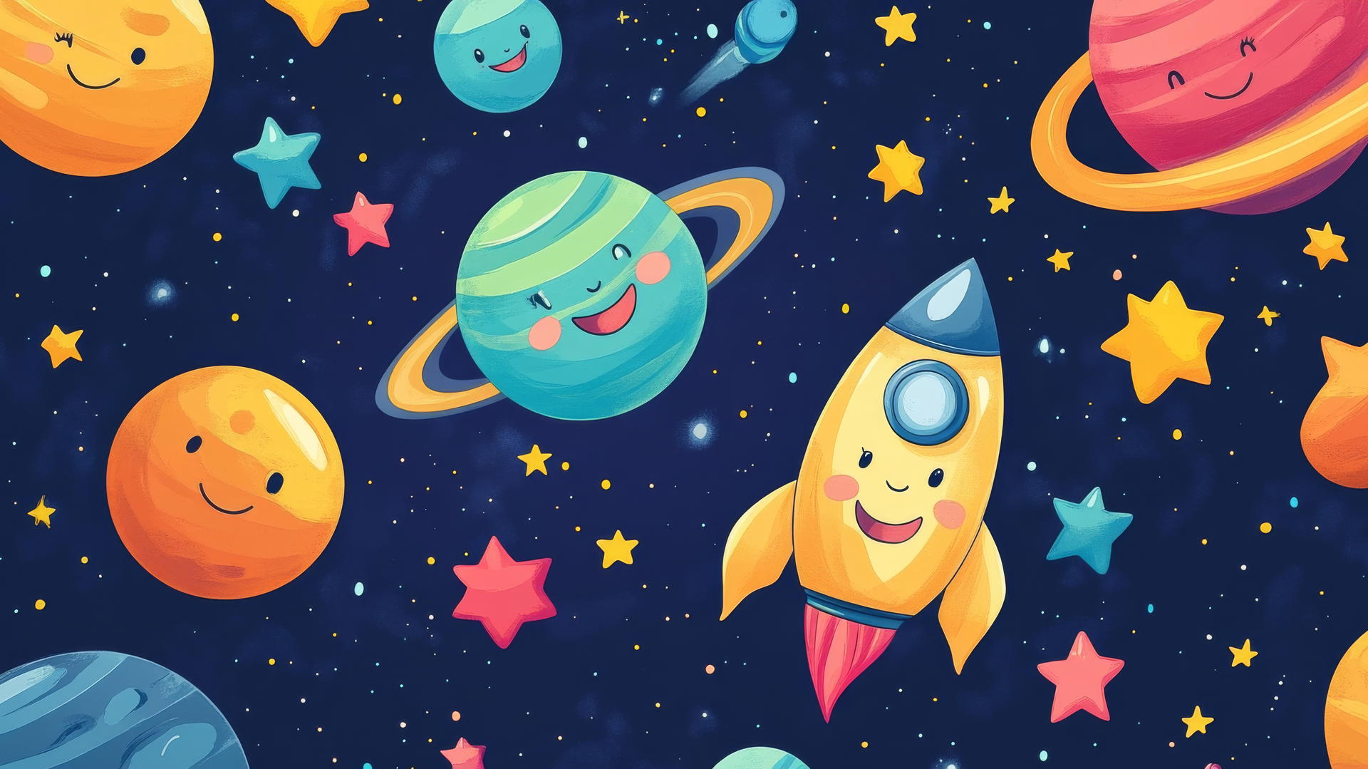 cute wallpapers with smiling planets, stars, and a rocket ship in cheerful colors