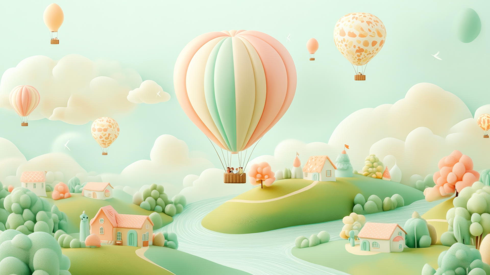 Cute wallpapers, hot air balloons over a pastel landscape with hills and houses