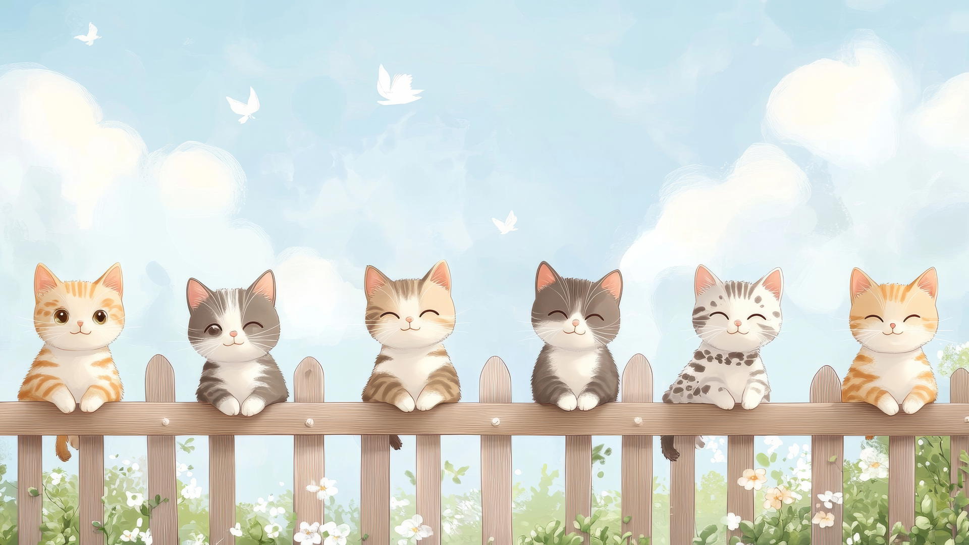 Cute cartoons cats on a fence with a blue sky - cute wallpapers