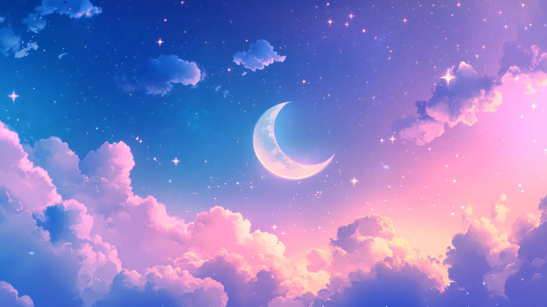 a digital wallpaper of a night sky with twinkling stars, a crescent moon, and cute sleeping clouds. Cute wallpapers.