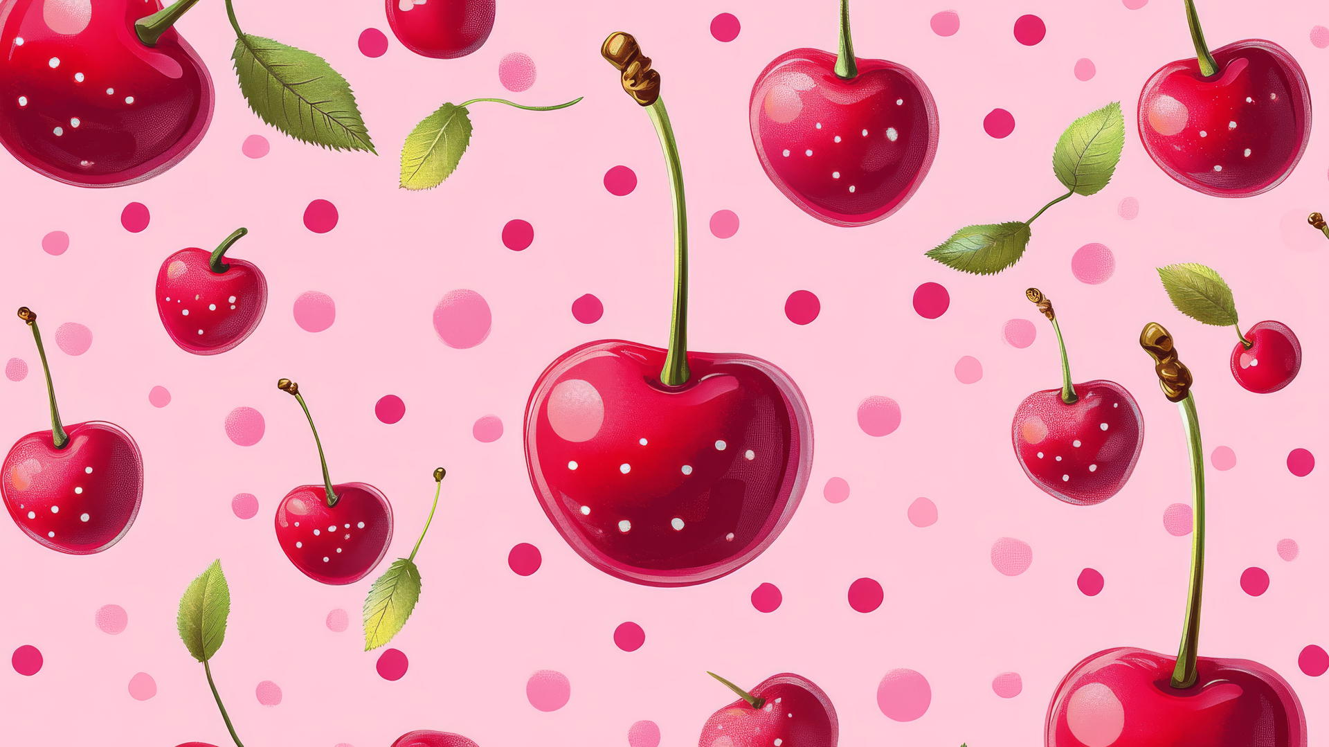 cute hot pink wallpaper with cartoon cherries and tiny polka dots