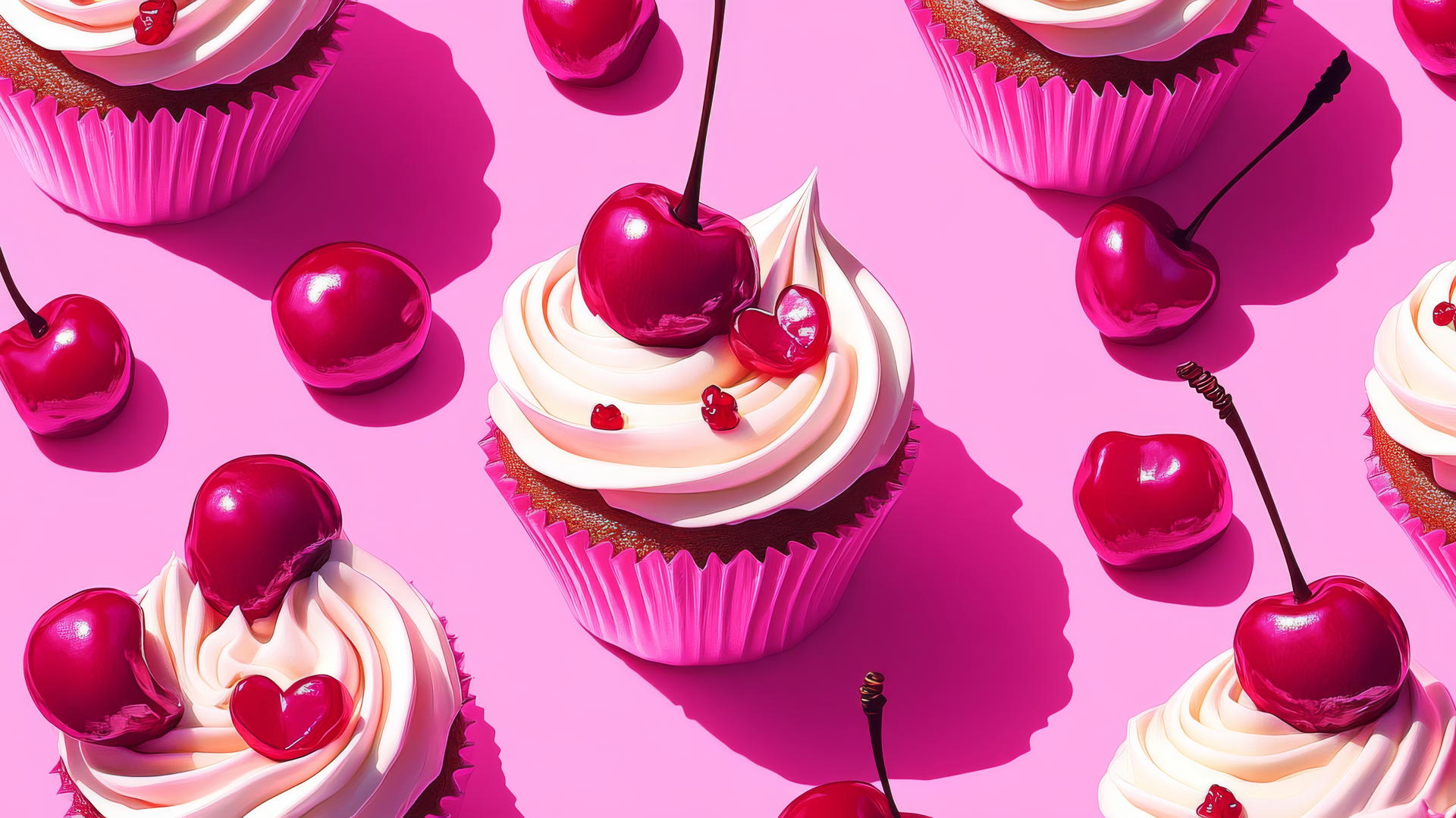 cute hot pink wallpaper with kawaii-style cupcakes and cherries