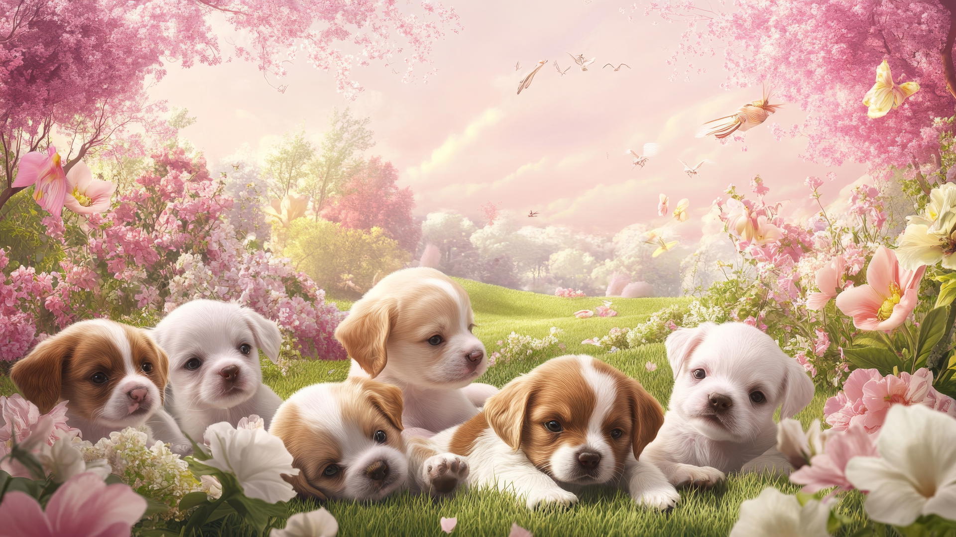 pink cute puppy wallpaper with puppies playing, pastel flowers and trees in park