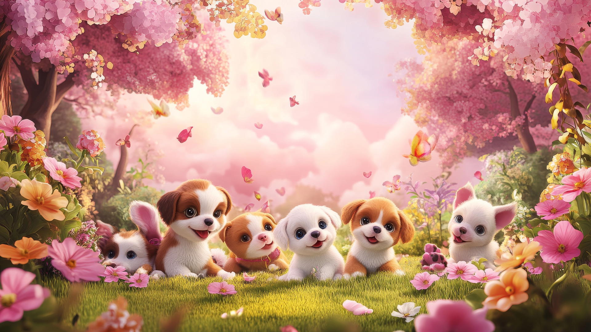 pink cute puppy wallpaper with puppies playing in a park and pastel flowers