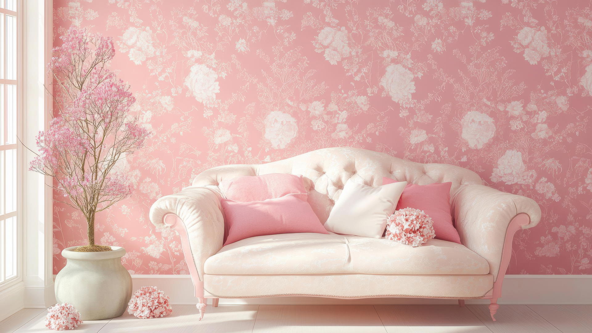 Aesthetic cute pink wallpaper with vintage floral patterns and soft lace textures