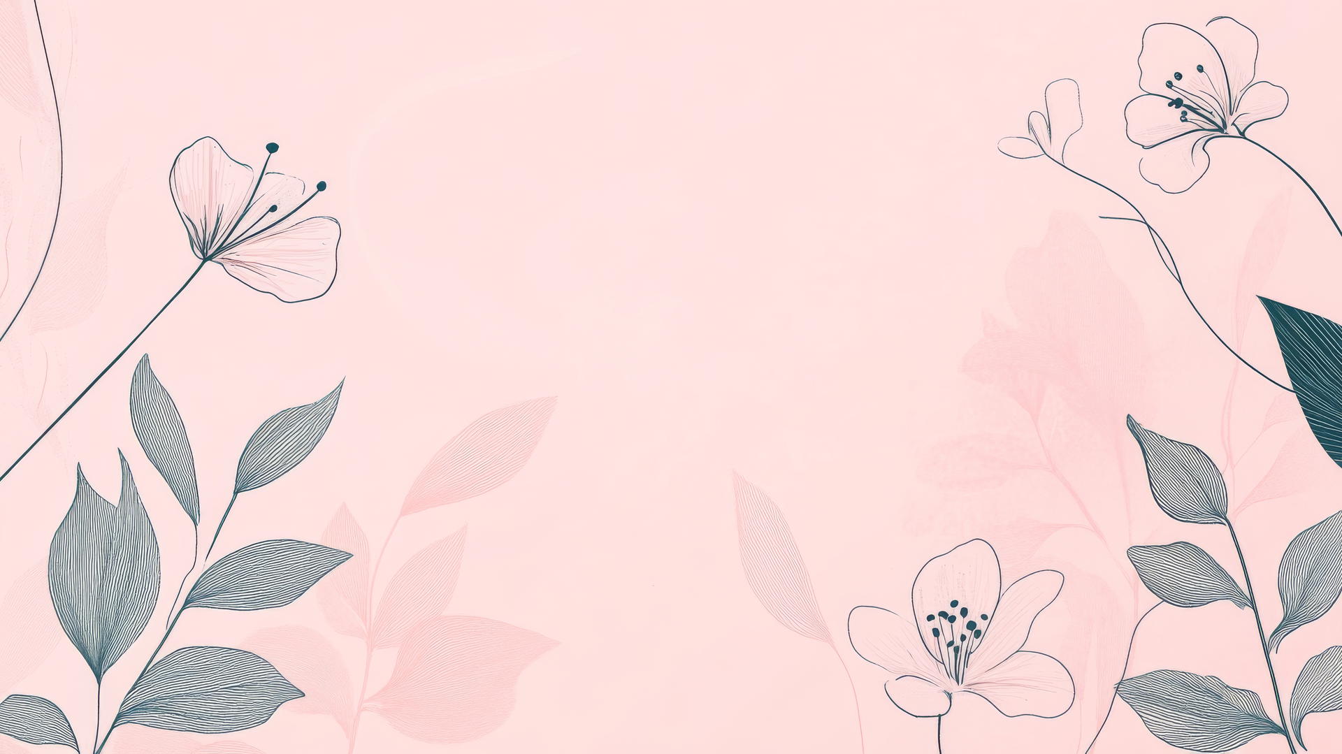 aesthetic cute pink wallpaper with minimalist line art of flowers and leaves