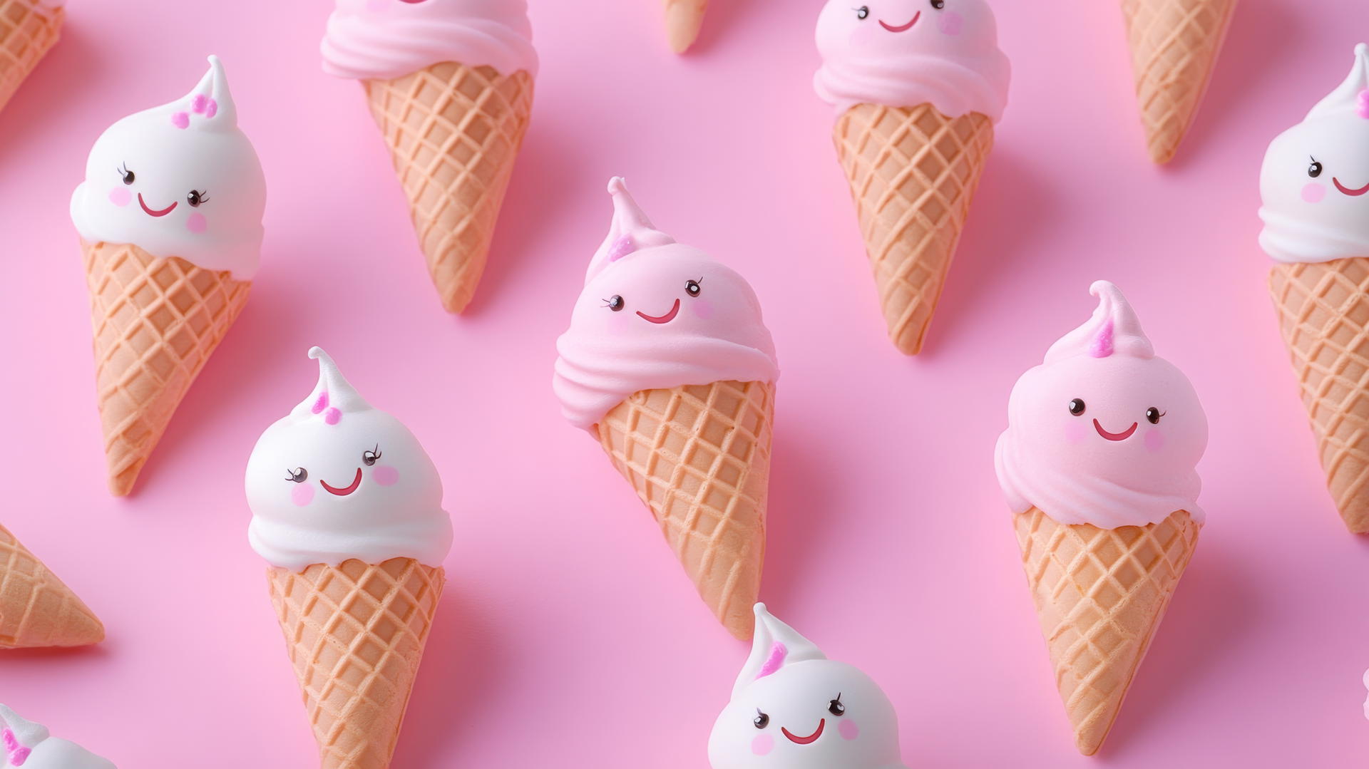 Pastel pink wallpaper cute ice cream cones with smiling faces, fun and summery vibe