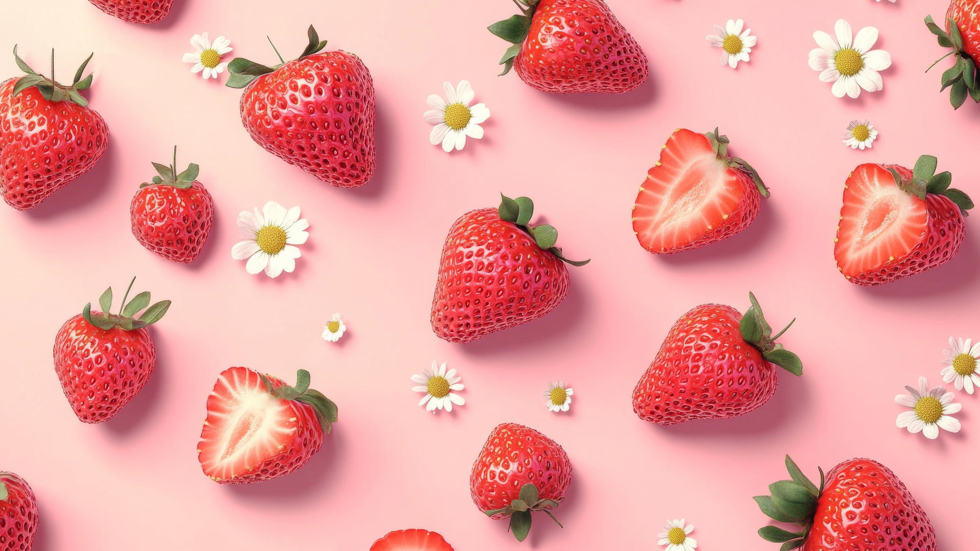 Pink wallpaper cute with hand-drawn strawberries and tiny flowers