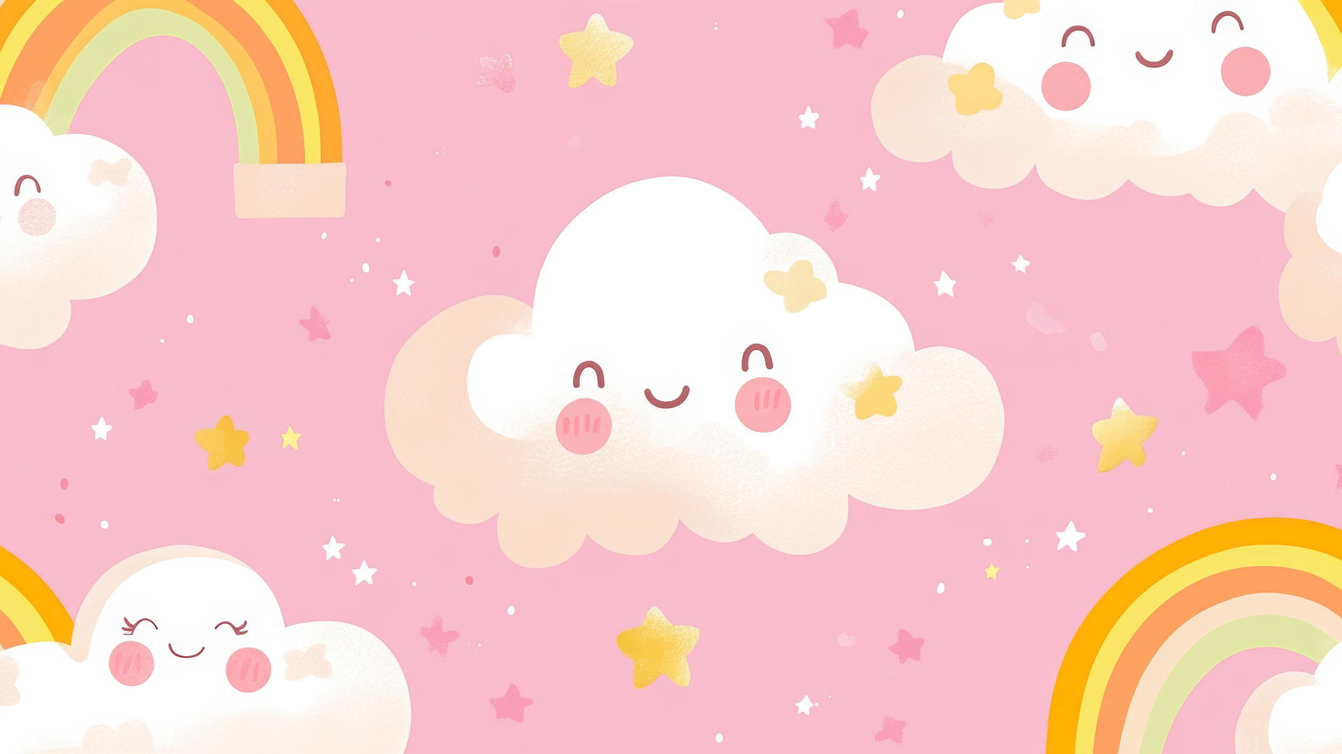 pink cute wallpaper with kawaii clouds, tiny rainbows, and stars