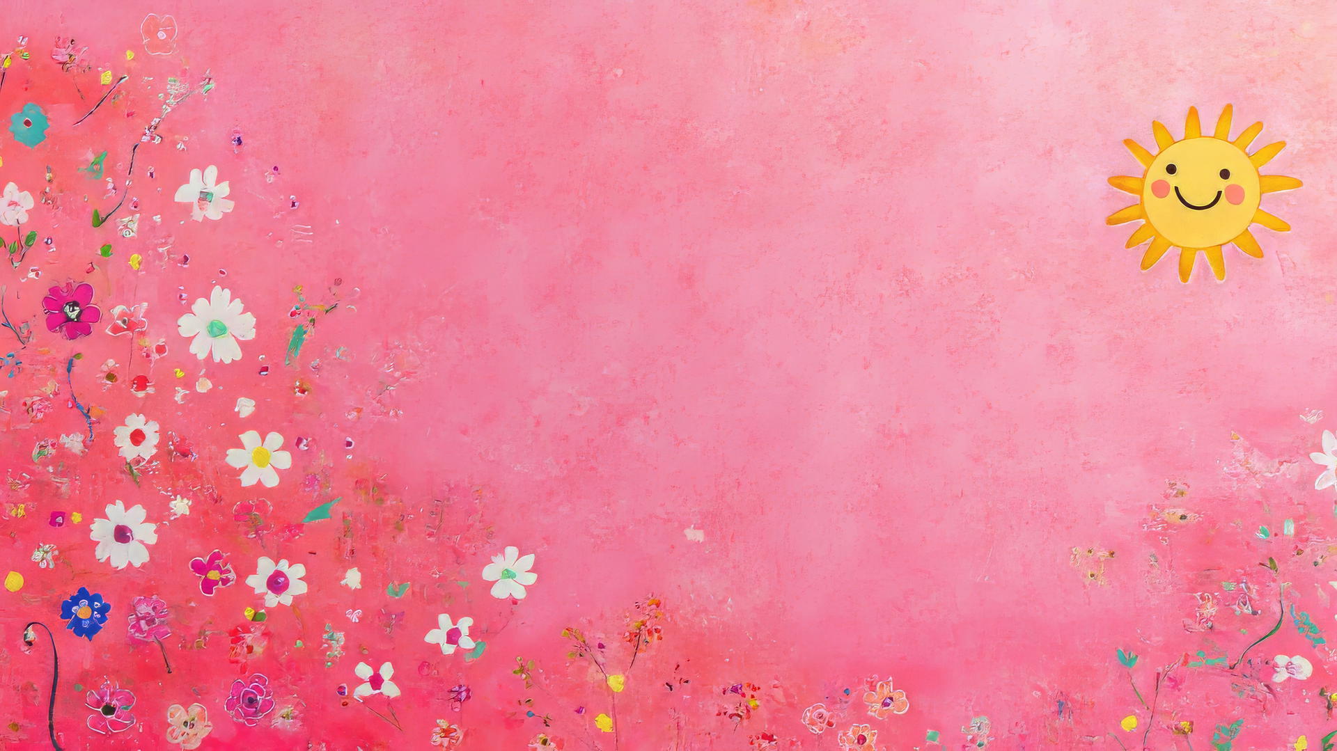 Pink cute wallpaper with tiny floral patterns and a small smiling sun in the corner