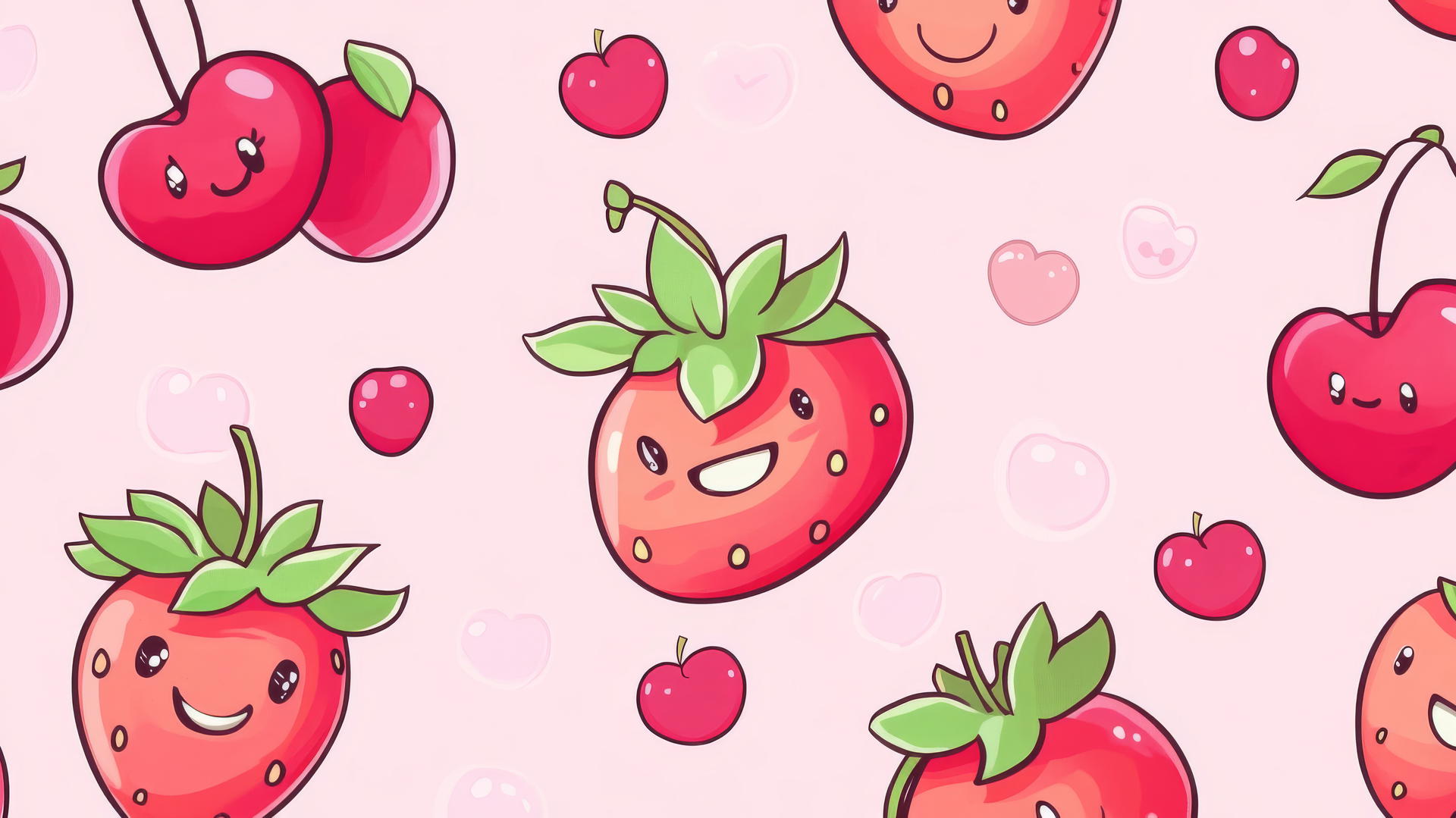 pink cute wallpaper with kawaii-style fruits, strawberries and cherries with cute faces