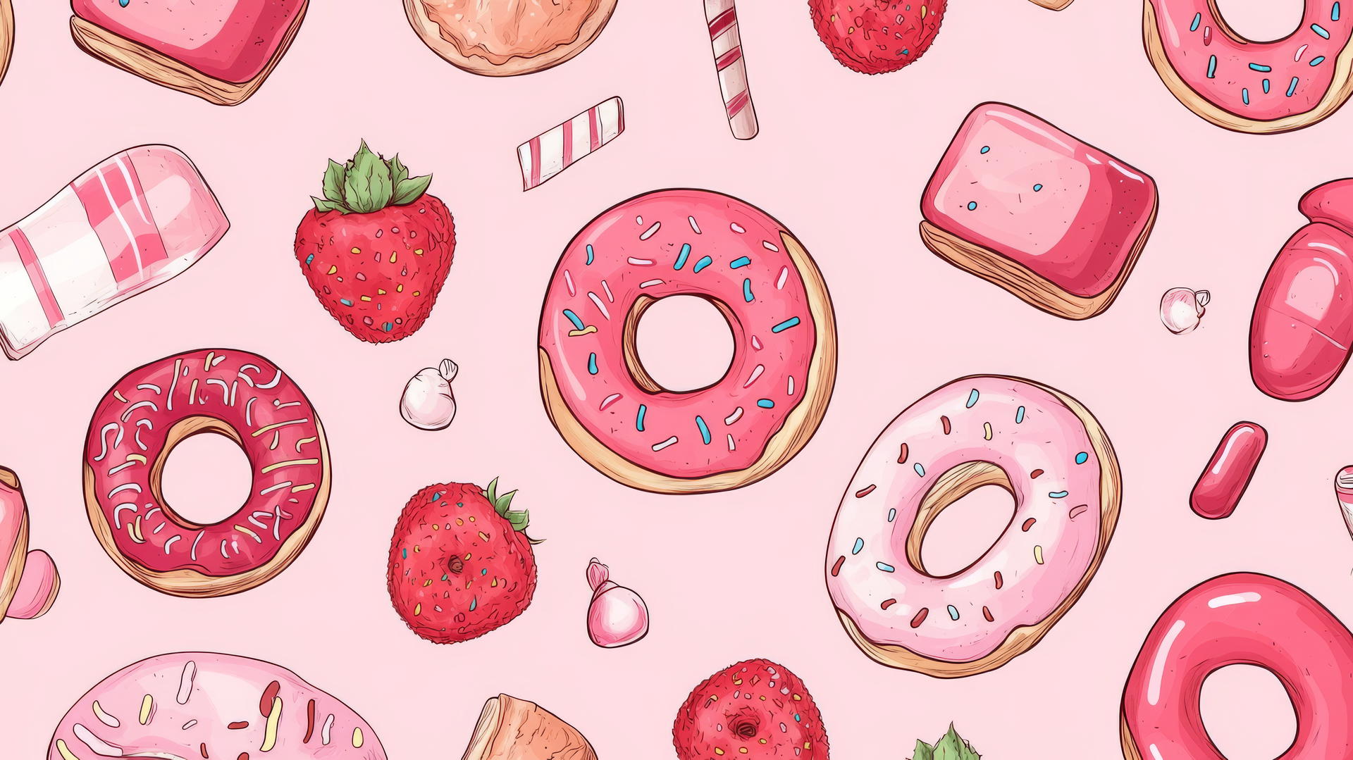 cute pink wallpaper with hand-drawn sweets like donuts and candy
