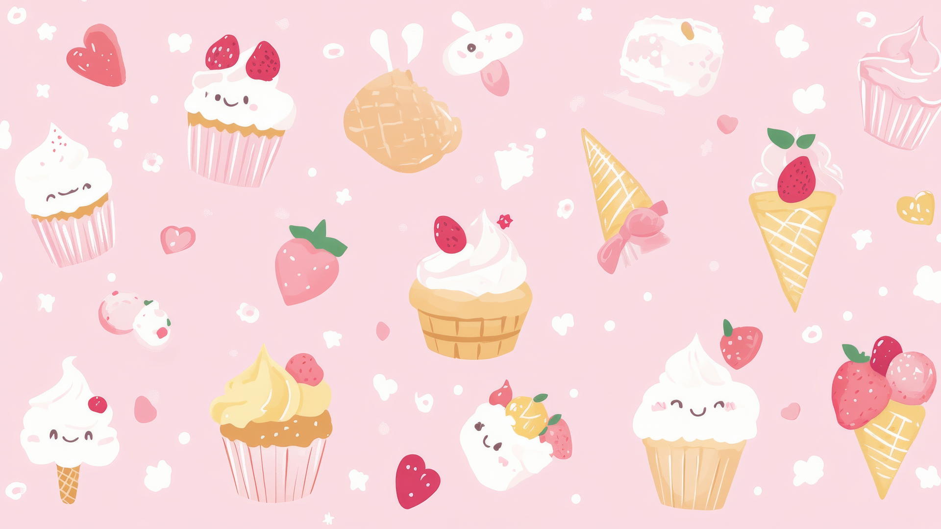 Cute pink wallpaper with kawaii-style food items like cupcakes and ice cream cones