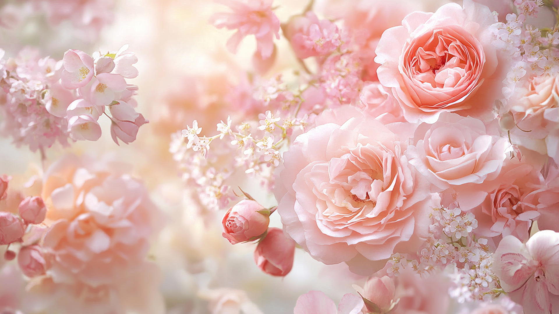 Light pink wallpaper with soft-focus roses and peonies on a pastel background