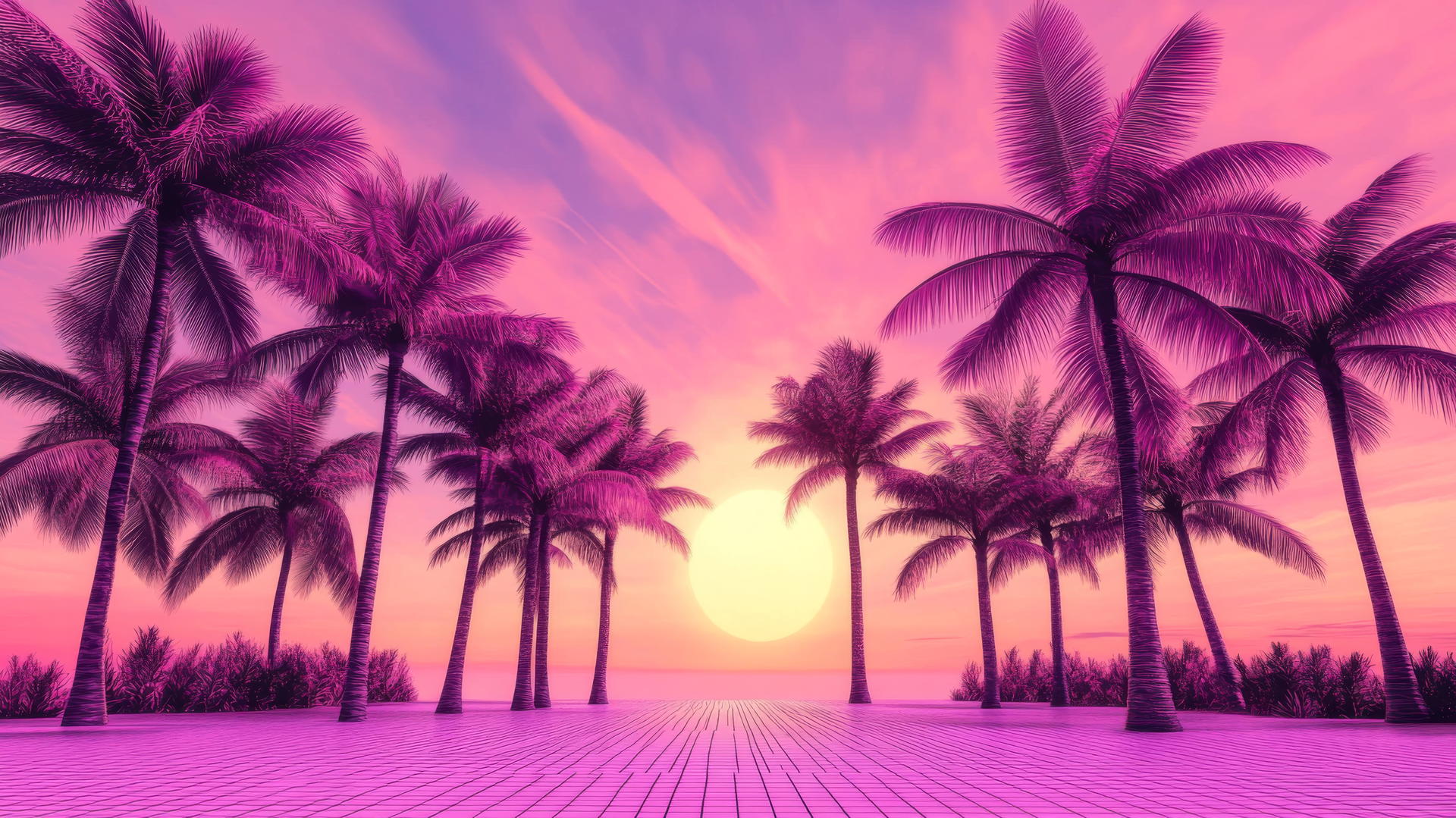 aesthetic pink wallpaper with neon pink palm trees and grid-lined ground