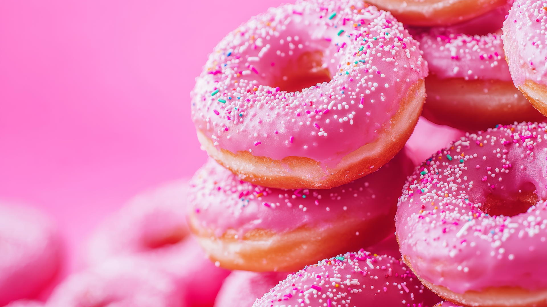 aesthetic pink wallpaper featuring close-up of pink sugar-coated donuts with colorful sprinkles