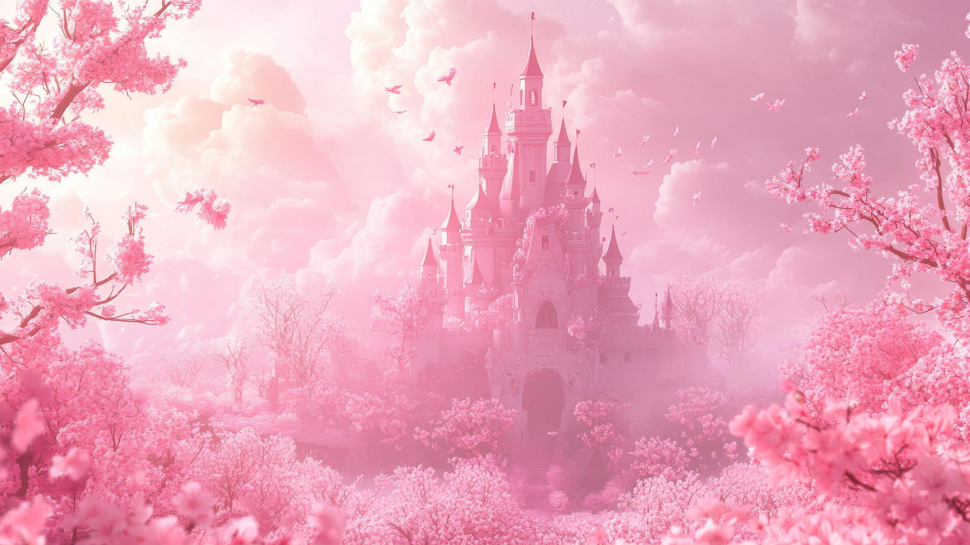 aesthetic pink wallpaper with a pink castle and cherry blossoms