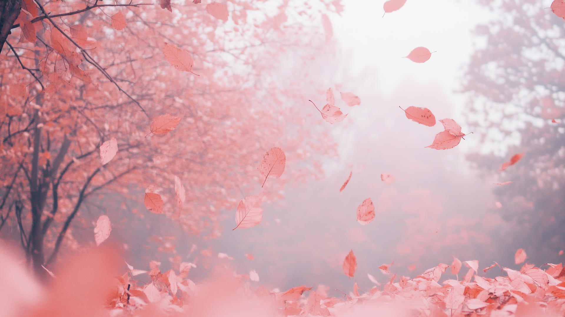 pink aesthetic wallpaper with autumn scene of pink-hued leaves falling from trees