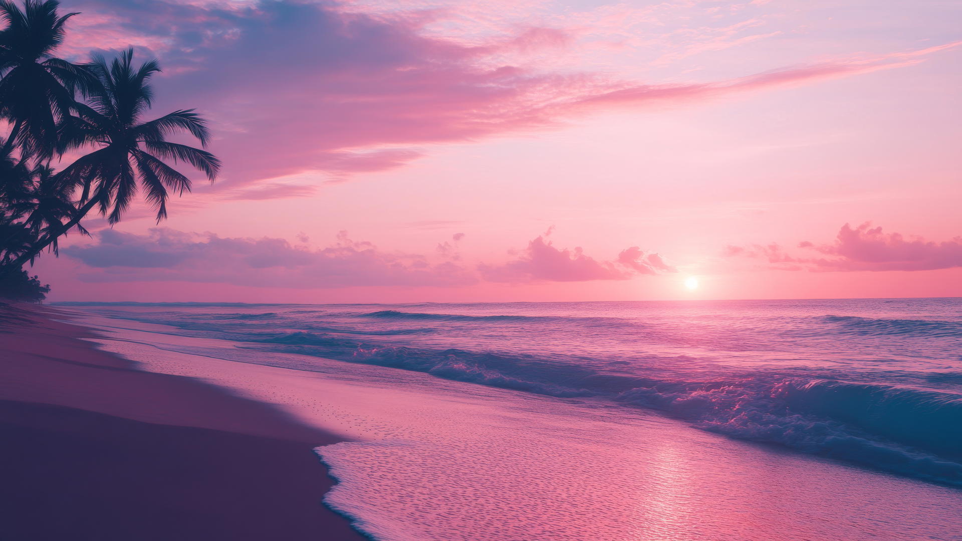 Serene beach sunset with pink sky, waves, and palm trees; pink aesthetic wallpaper