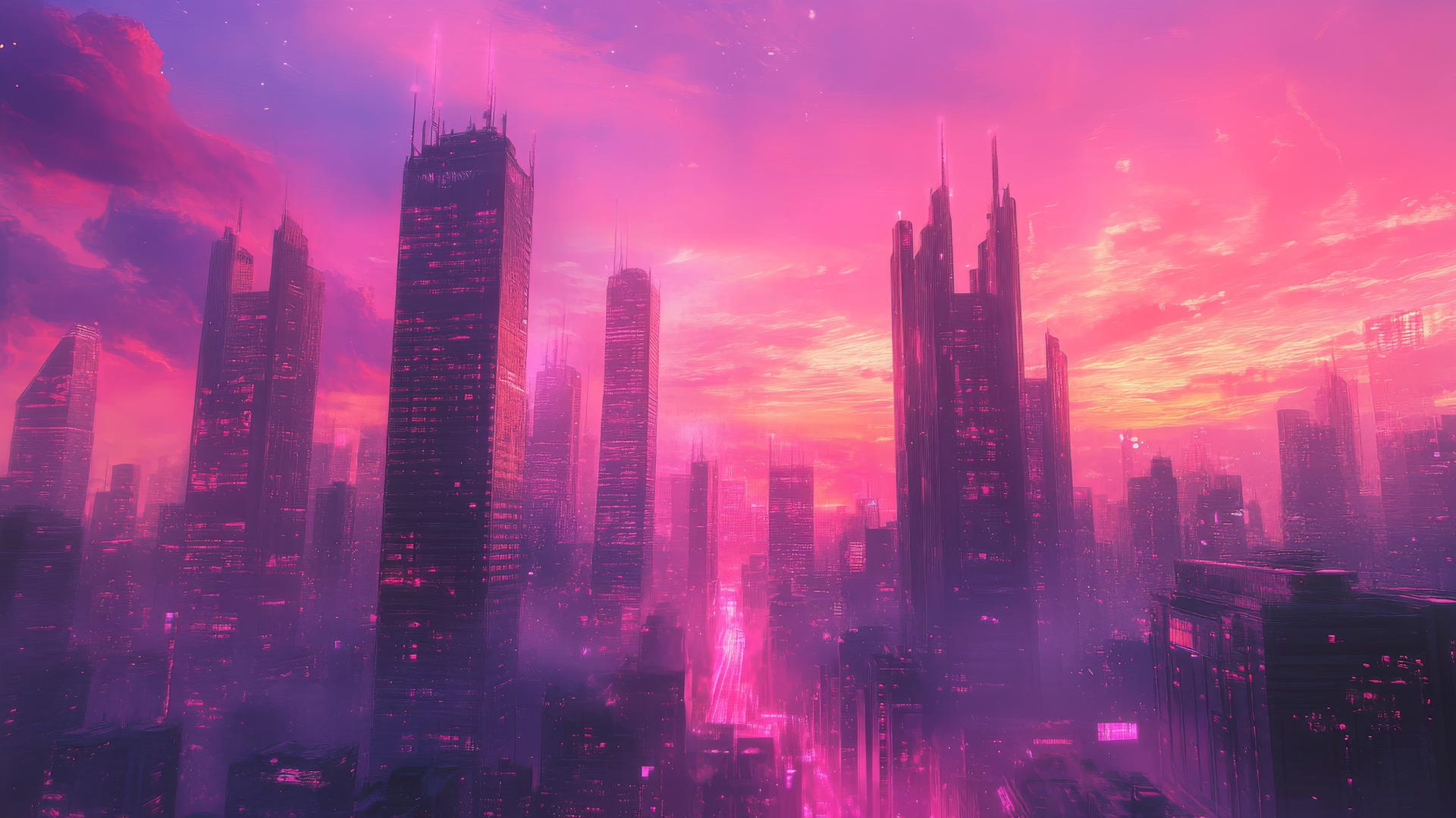 A futuristic cityscape at dusk with pink aesthetic wallpaper