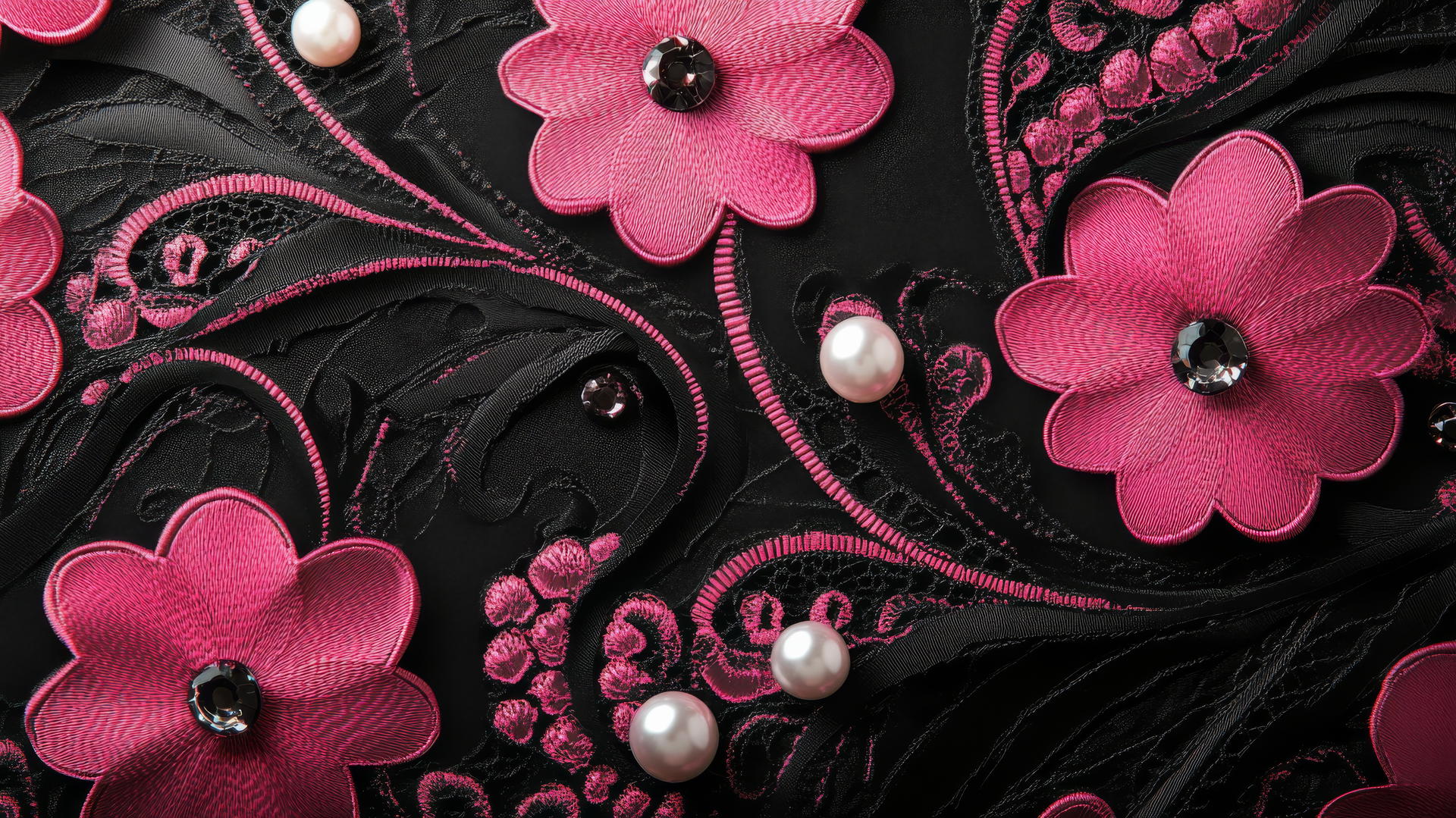 black wallpaper for girls with intricate pink lace, delicate pearls, and shimmering gems