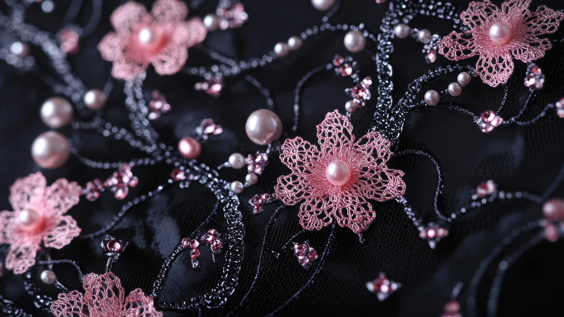 Black wallpaper for girls with pink lace, delicate pearls, and shimmering gems