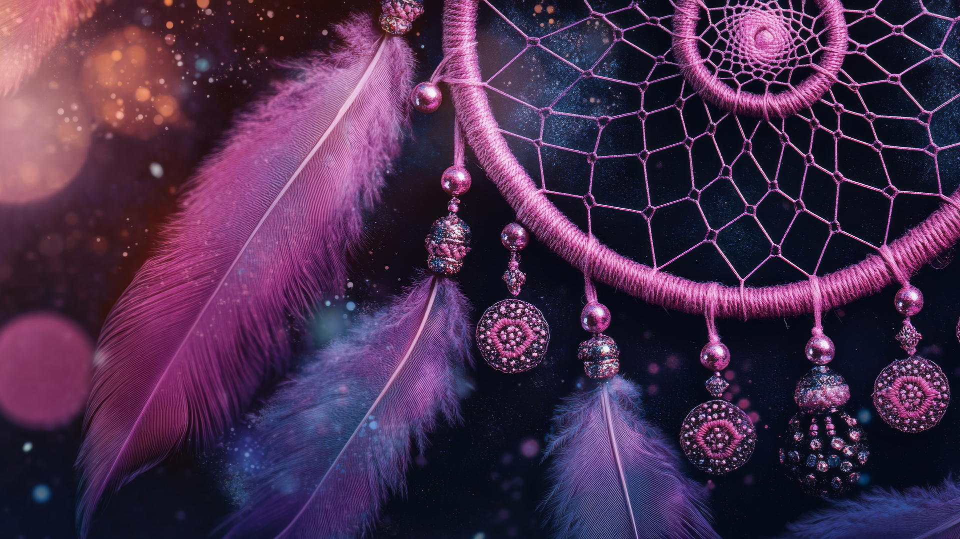 black wallpaper for girls with pastel pink and purple dreamcatchers, sparkling beads, and feathers