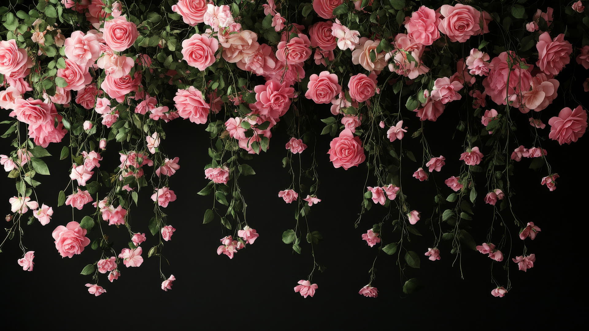 Black wallpaper for girls with pink roses and delicate petals