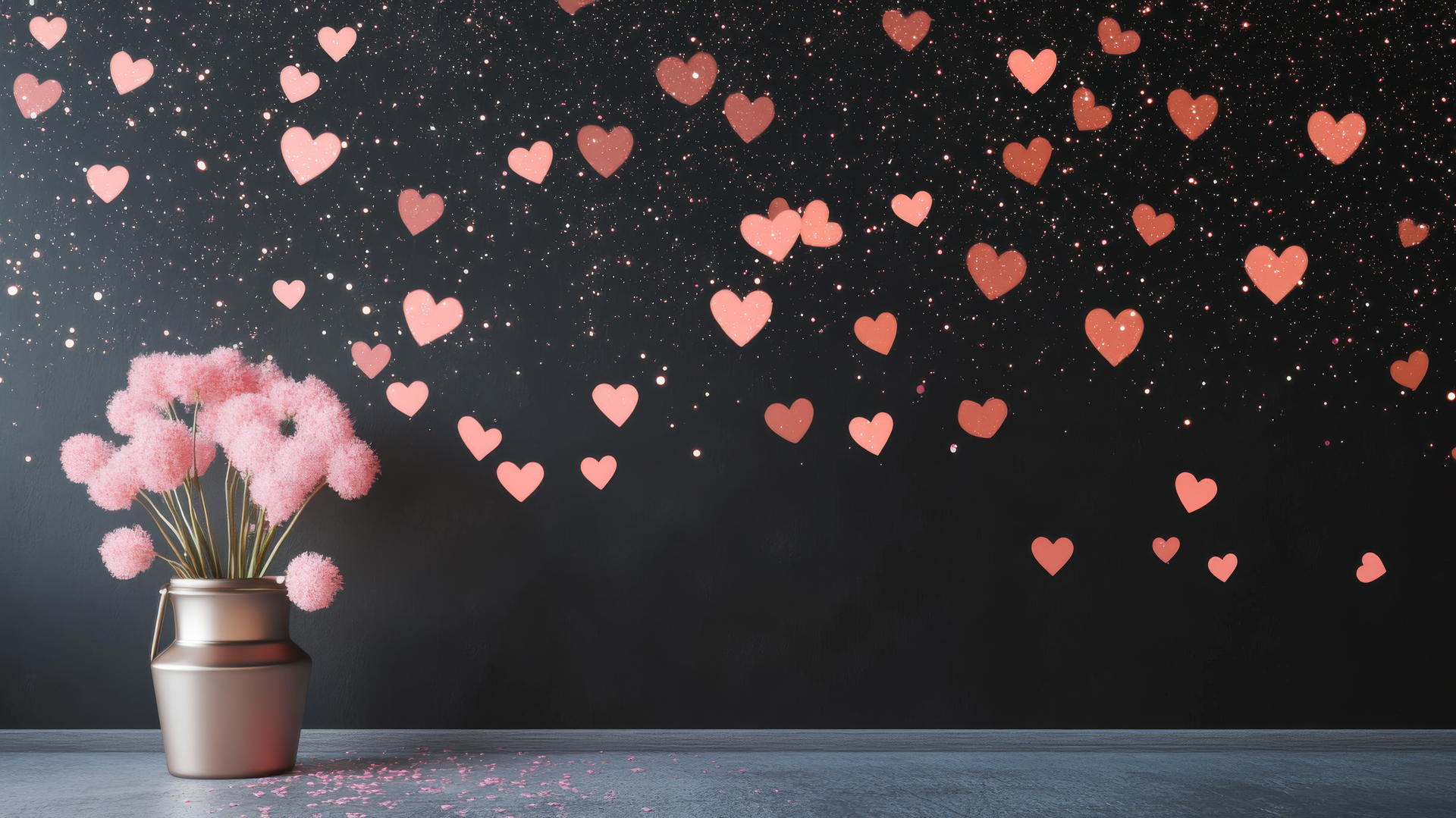 black wallpaper for girls with pink glitter and pastel hearts