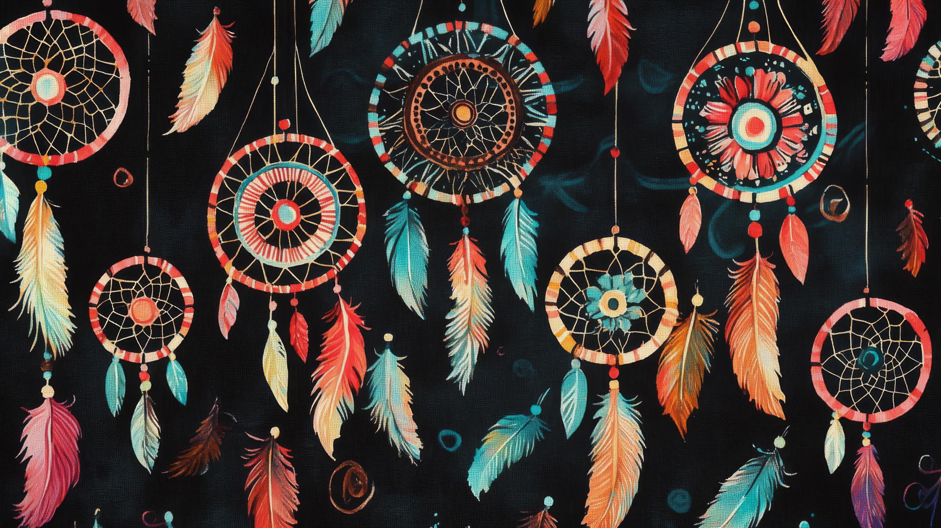 Black wallpaper for girls with whimsical dreamcatchers and pastel feathers
