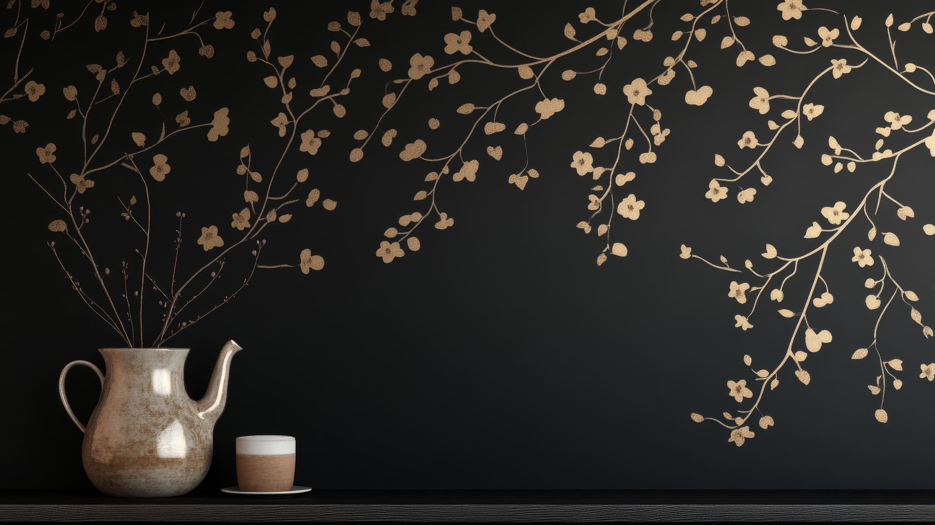 black wallpaper for girls with delicate vines and muted gold flowers