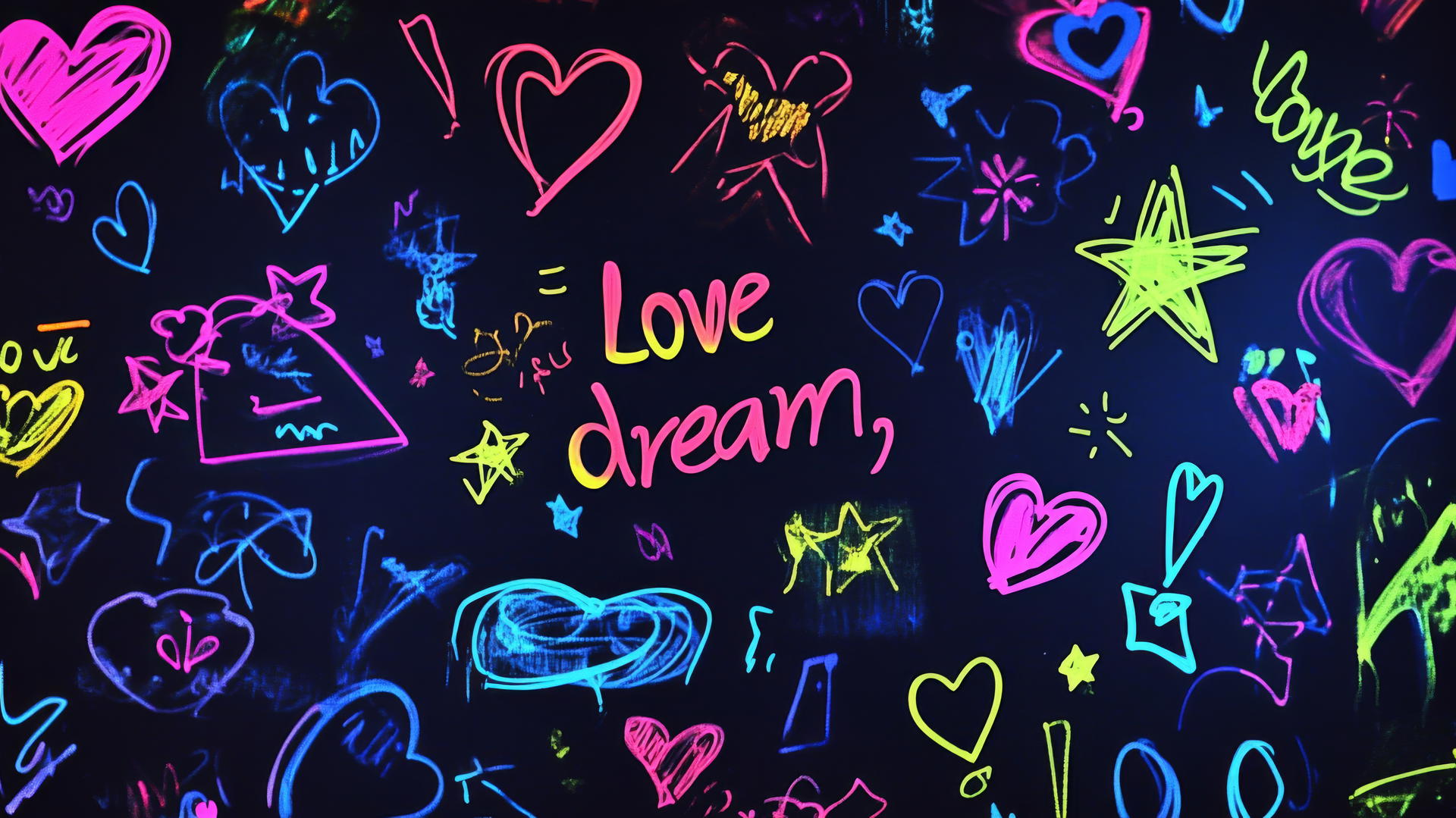 Black wallpaper for girls with neon graffiti hearts, stars, and words like 'love' and 'dream'