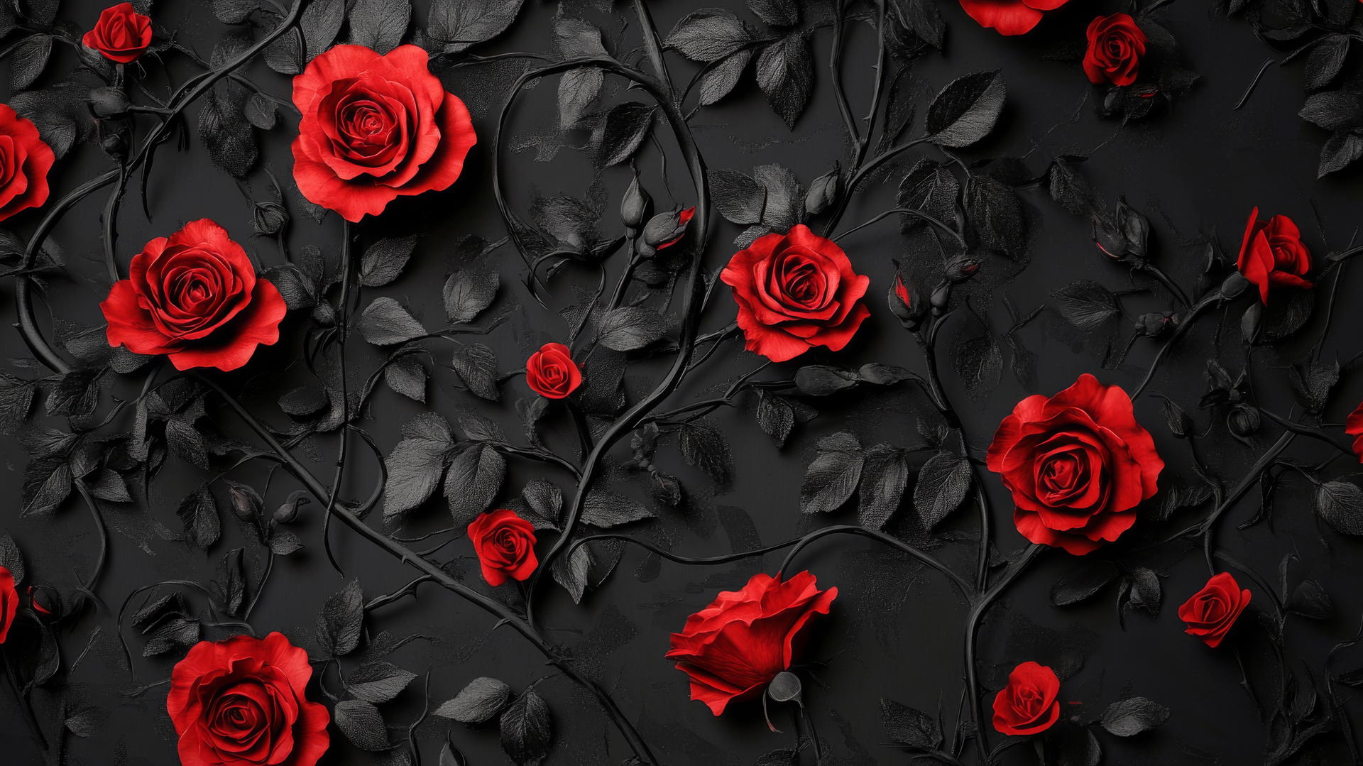 A bold black wallpaper with striking red roses and vines, creating a dramatic and passionate atmosphere for a girl’s space.