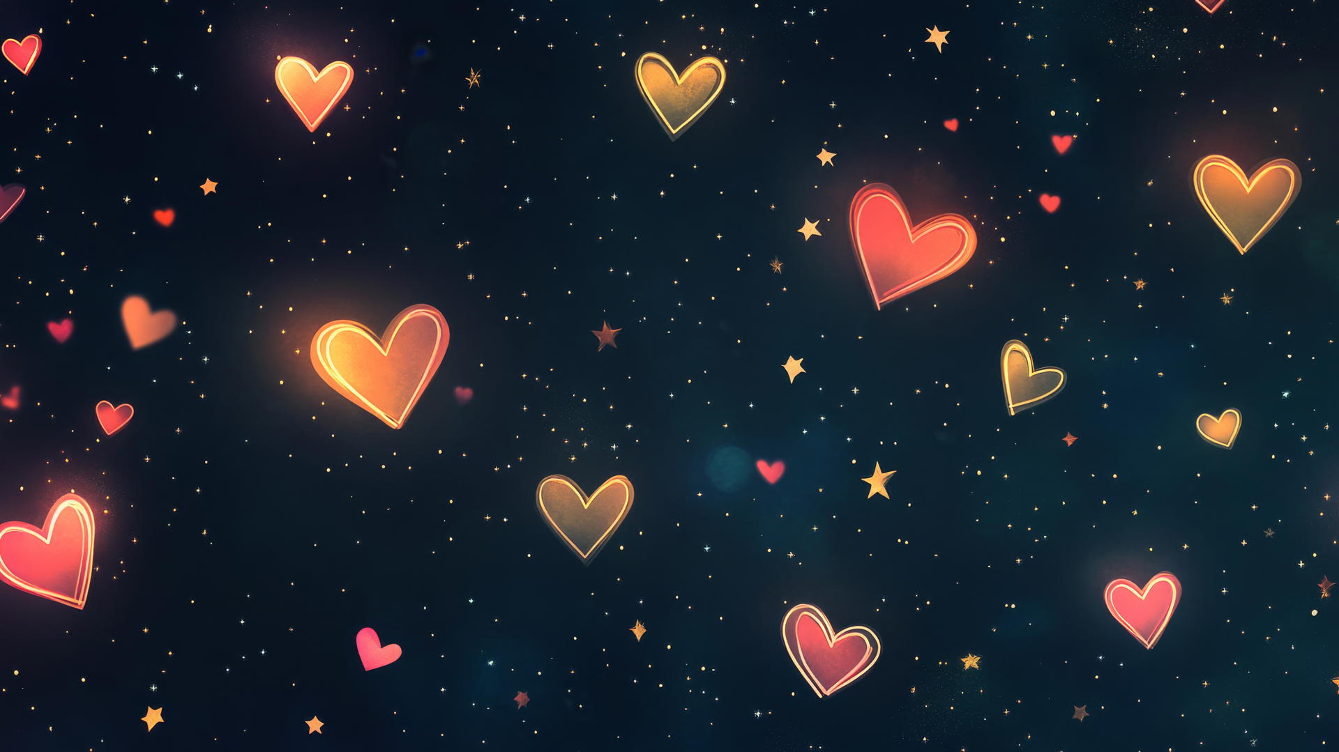 black cute wallpaper with neon hearts and stars glowing softly on dark background