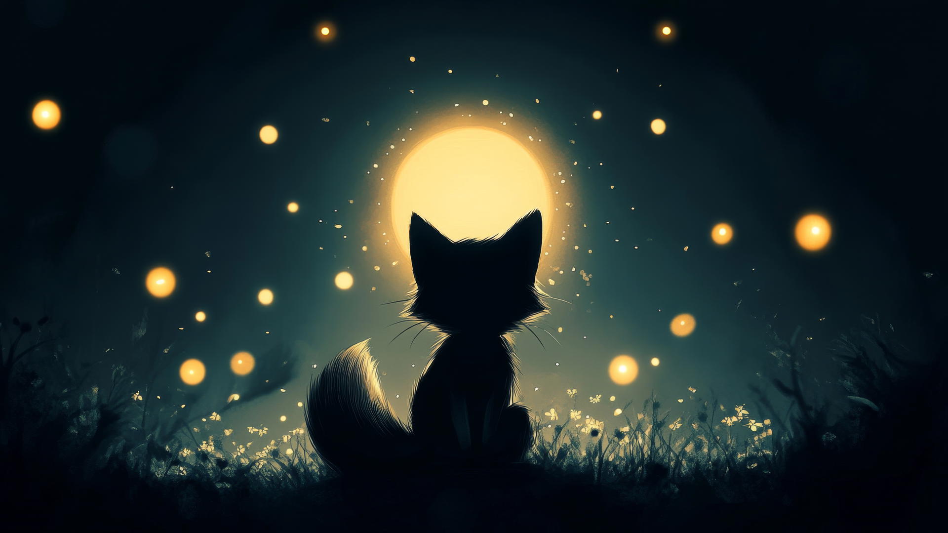 Black cute wallpaper with a chibi-style fox under a glowing moon and fireflies.